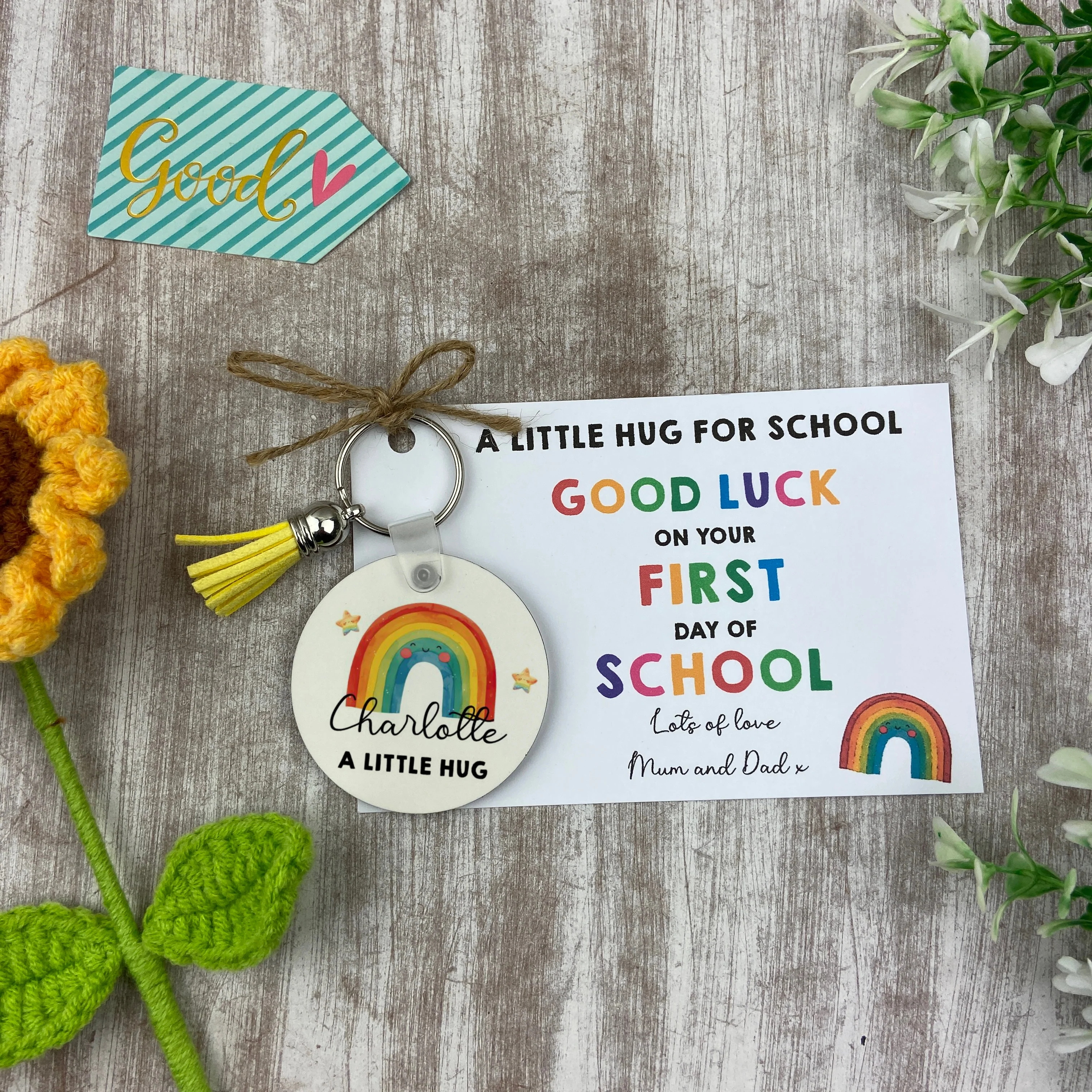 Back to School Pocket Hug Keyring  - Bright Rainbow