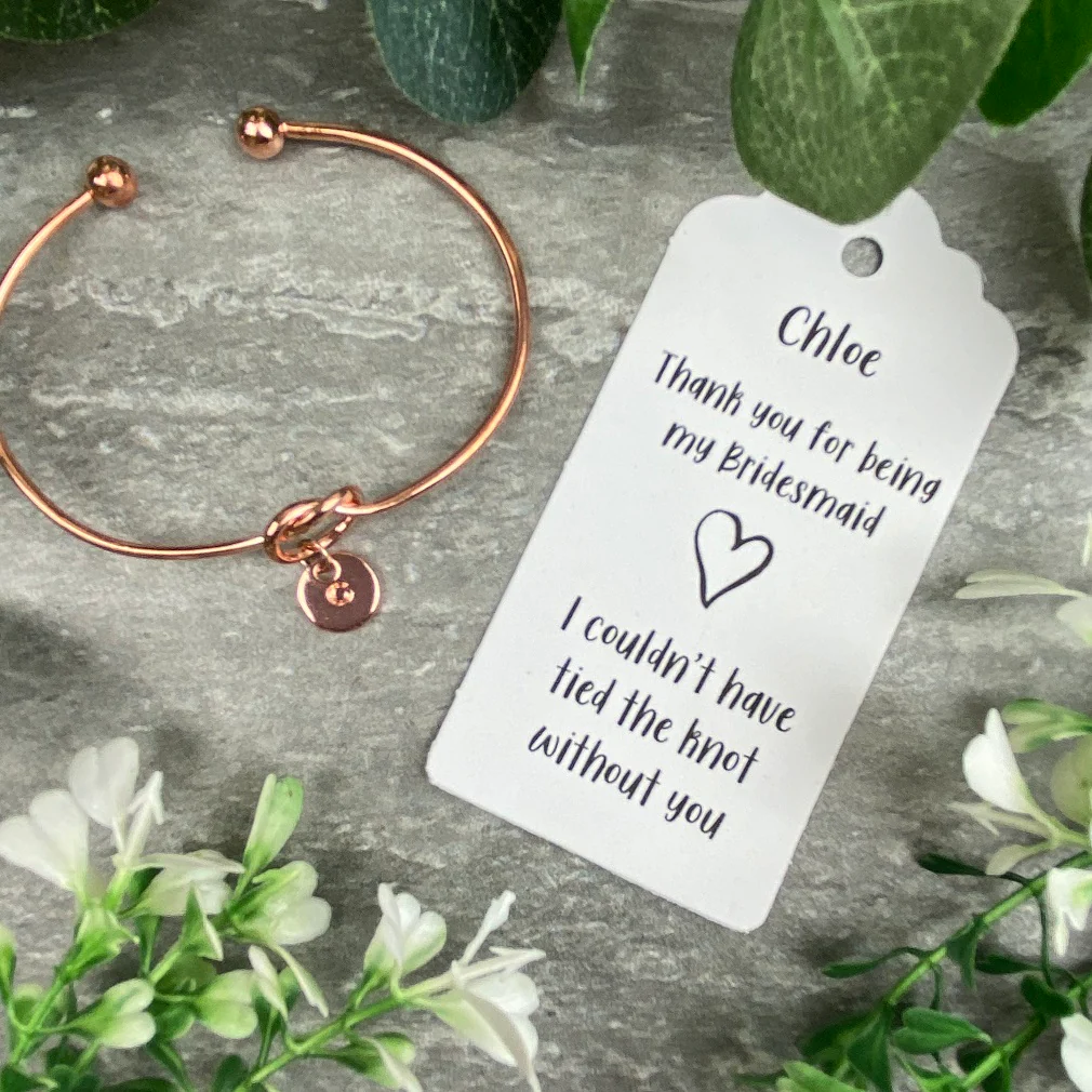 Bridesmaid Knot Bangle With Initial Charm, Rose Gold - Image 5