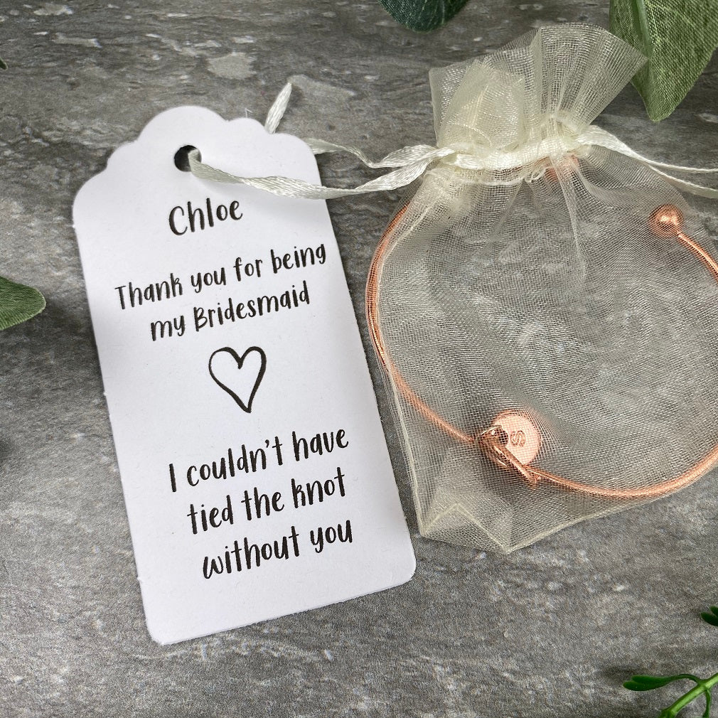 Bridesmaid Knot Bangle With Initial Charm, Rose Gold - Image 6