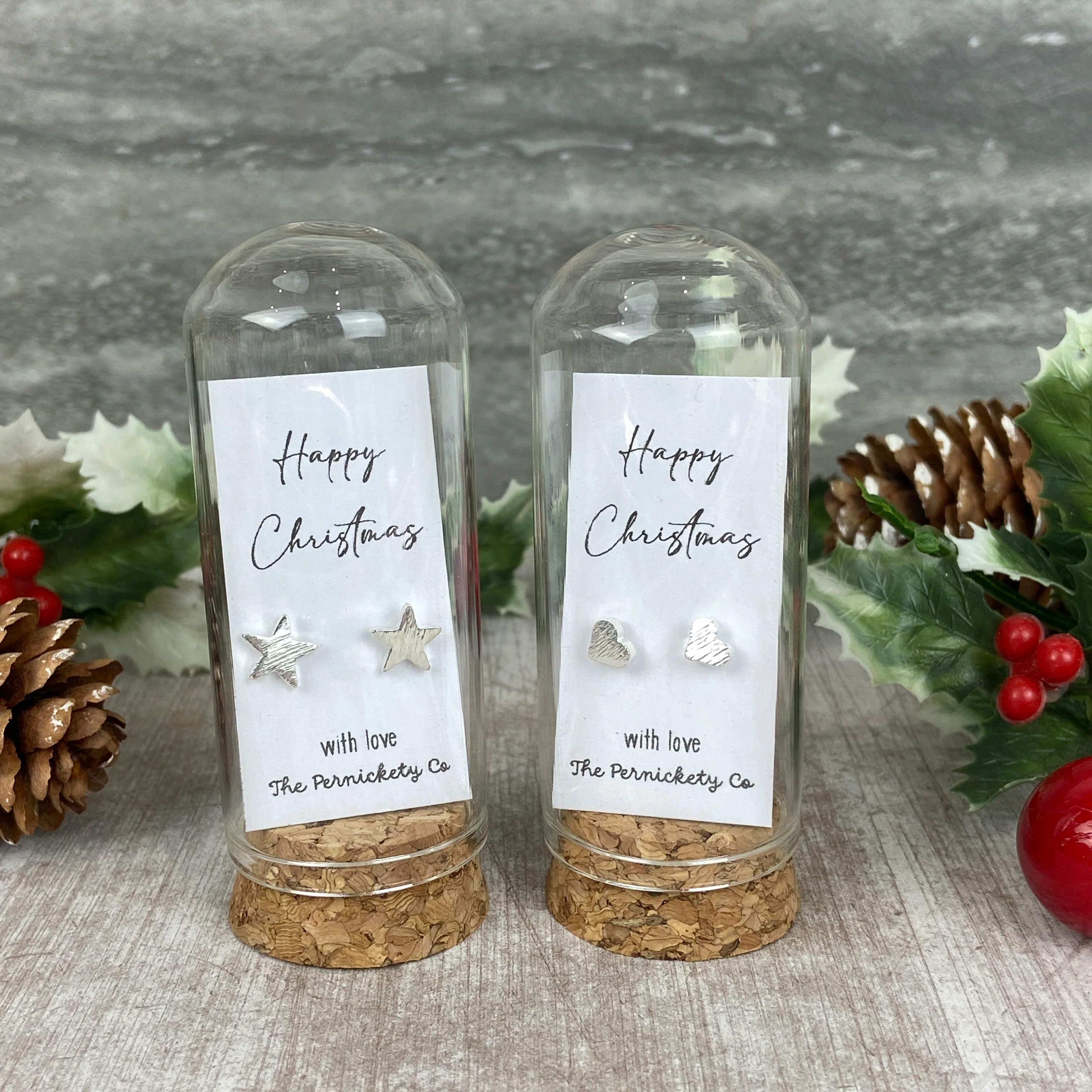 Christmas Earrings in Glass Cloche – Star or Heart Studs Gift