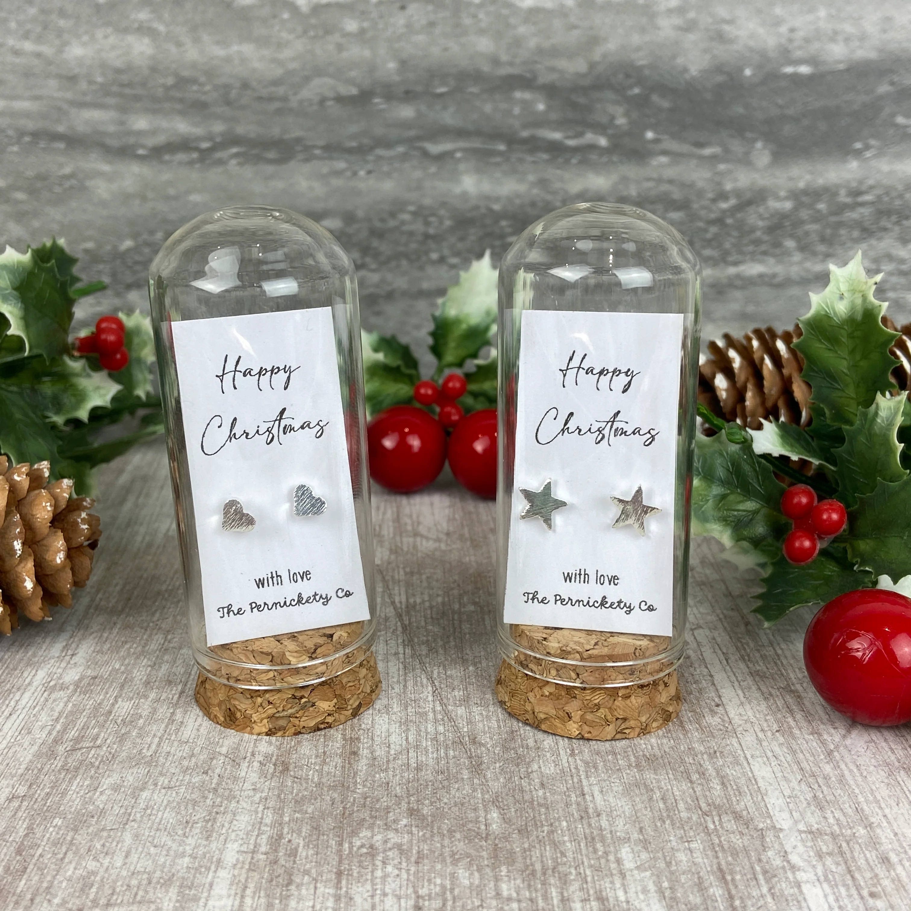 Christmas Earrings in Glass Cloche – Star or Heart Studs Gift - Image 2