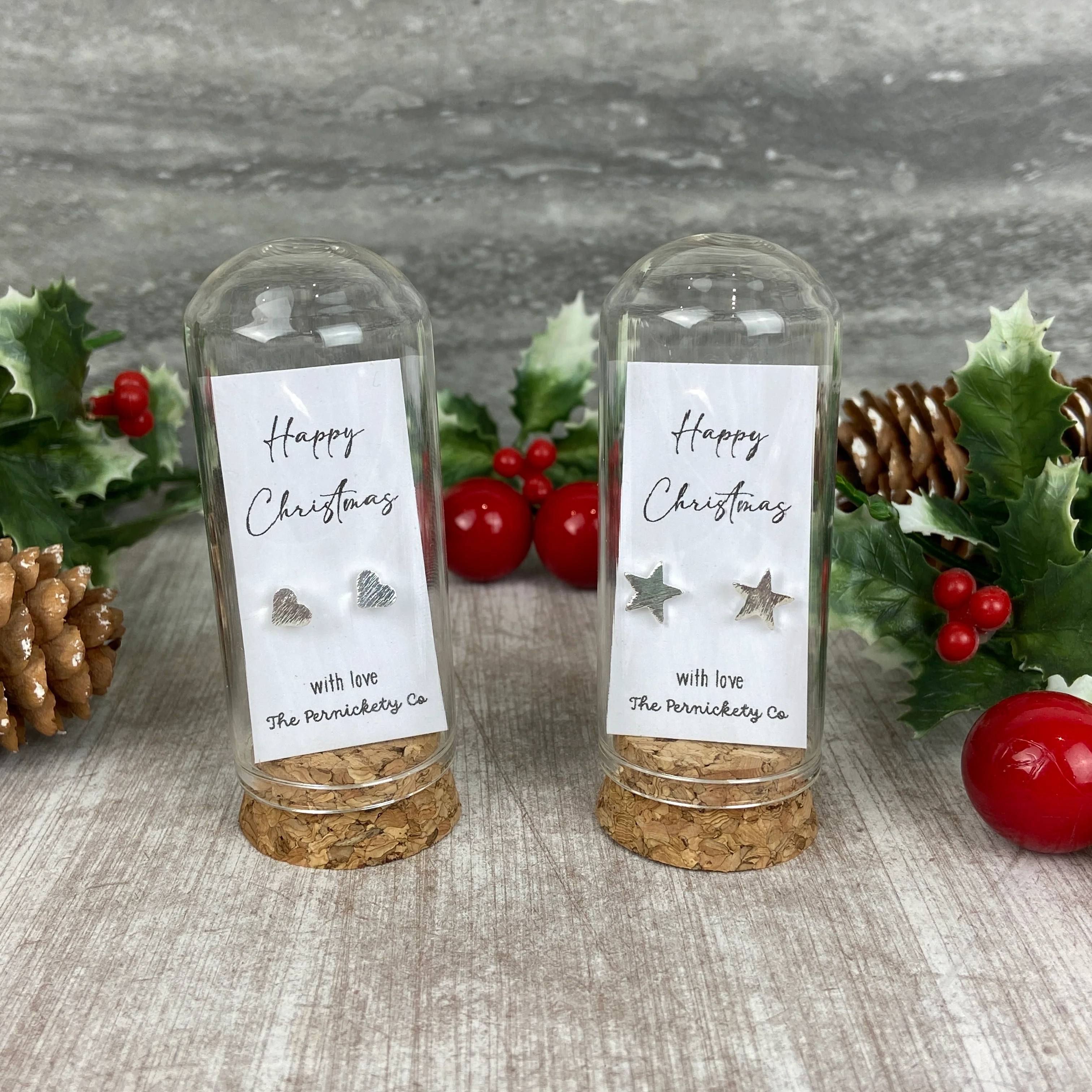 Christmas Earrings in Glass Cloche – Star or Heart Studs Gift - Image 3