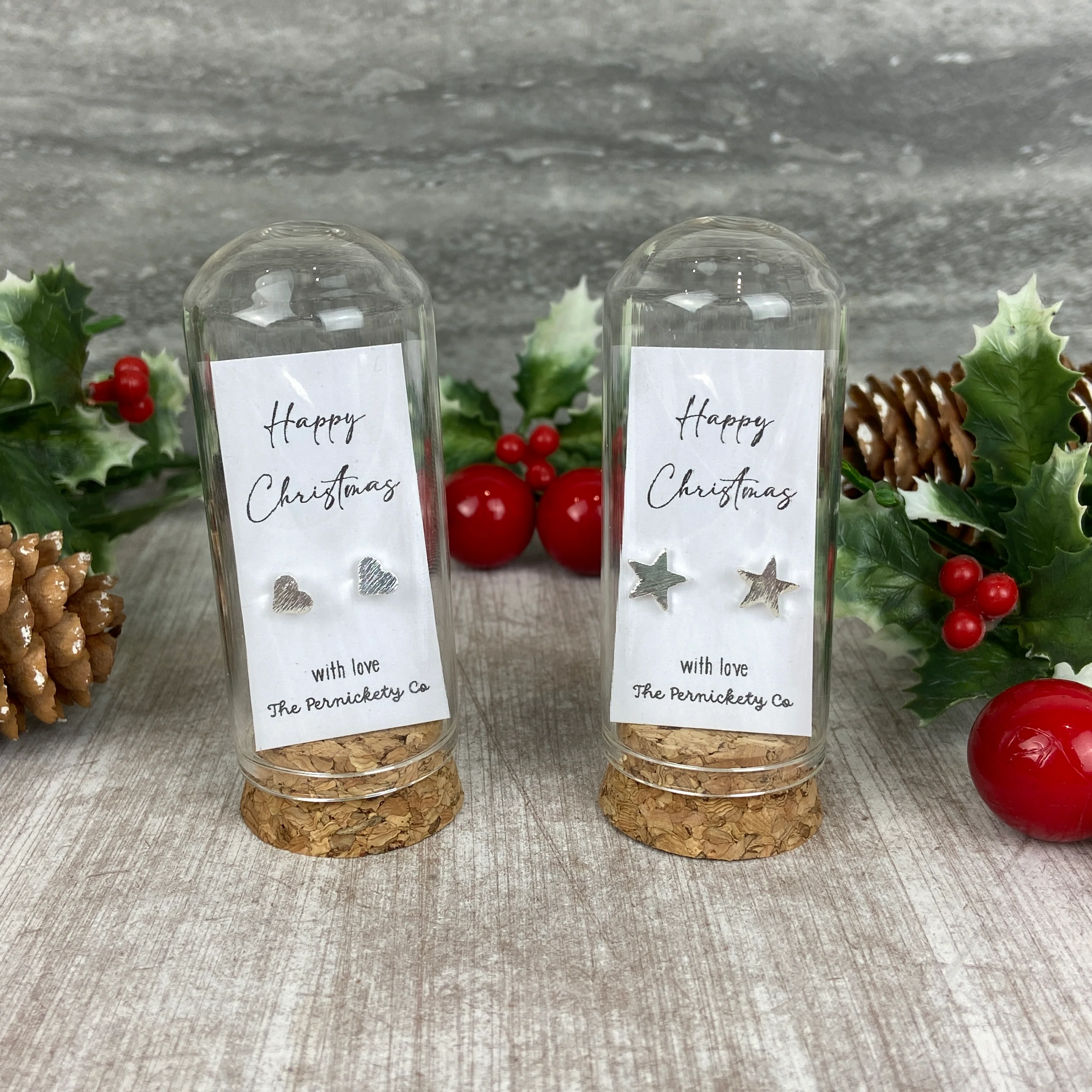 Christmas Earrings in Glass Cloche – Star or Heart Studs Gift - Image 4