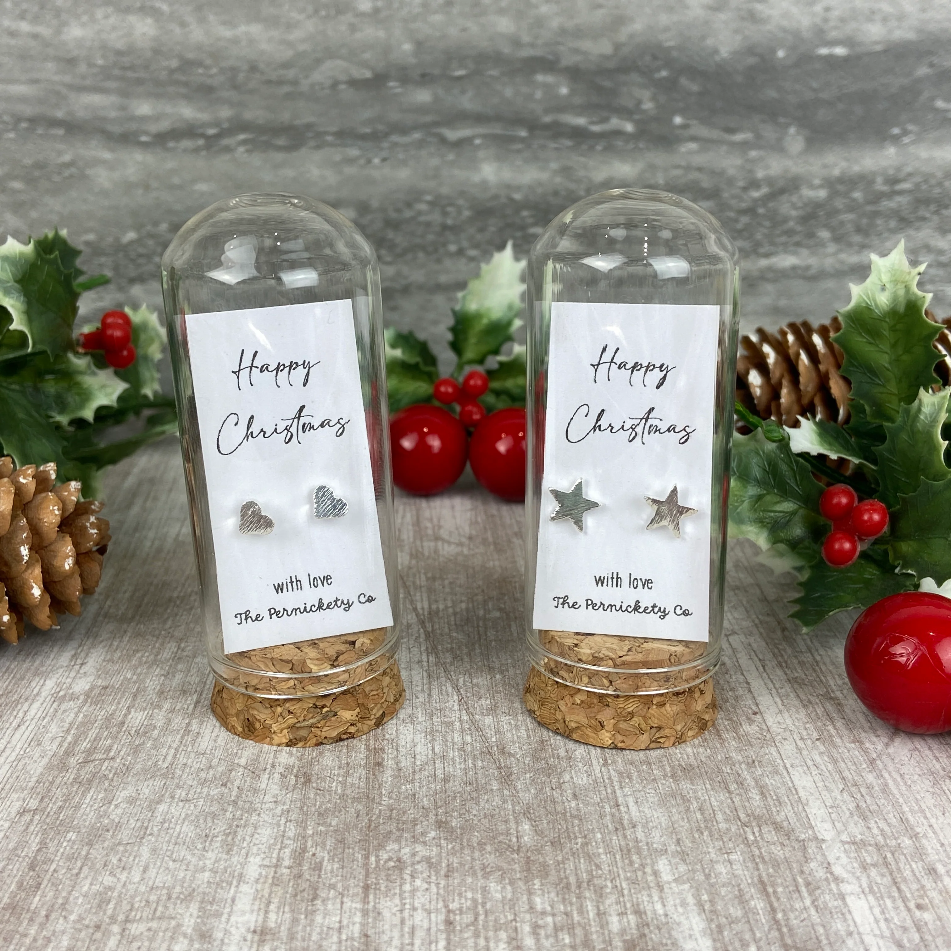 Christmas Earrings in Glass Cloche – Star or Heart Studs Gift - Image 5