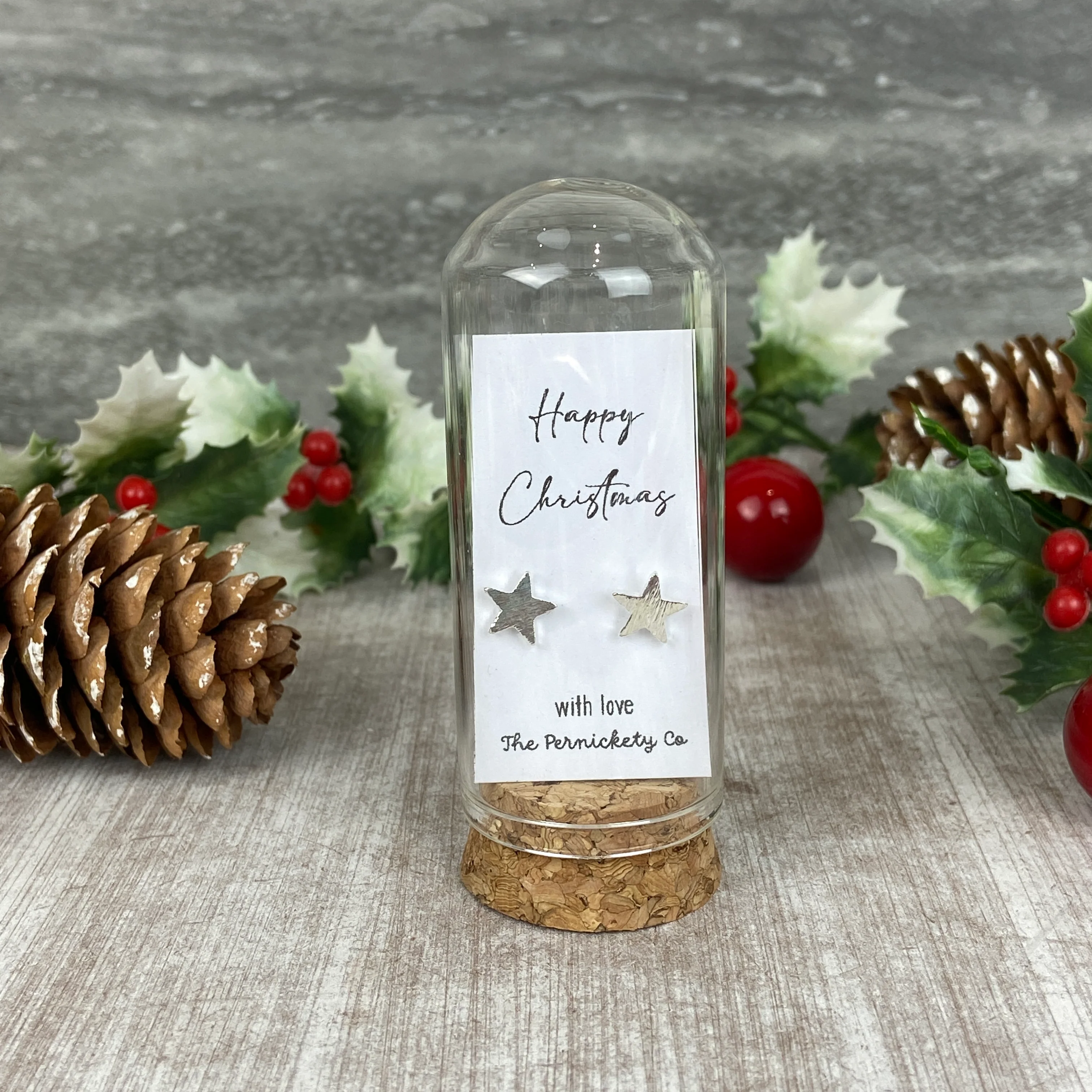 Christmas Earrings in Glass Cloche – Star or Heart Studs Gift - Image 7