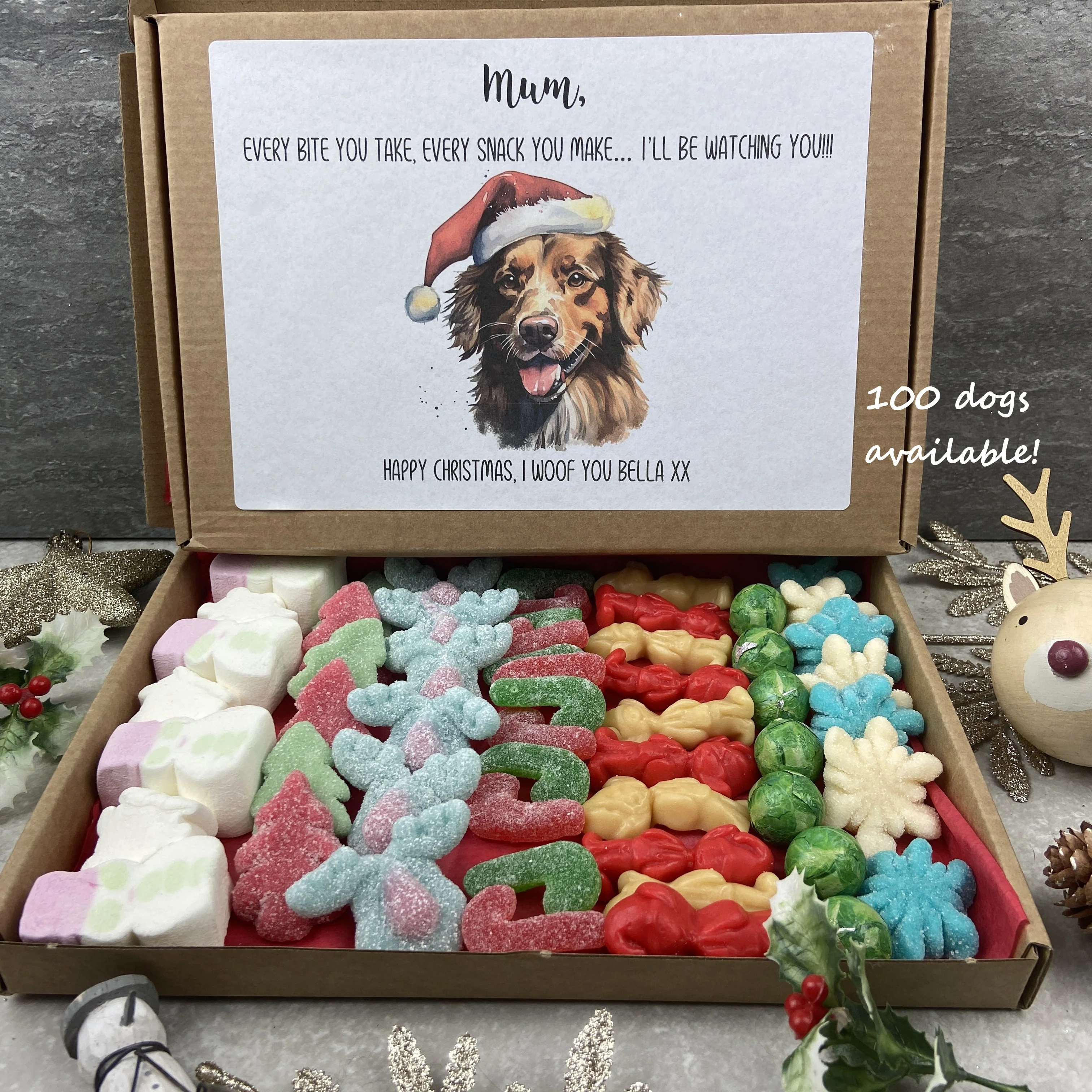100 Dogs to Choose - Merry Christmas Personalised Dog Mum/Dad Sweets in a row