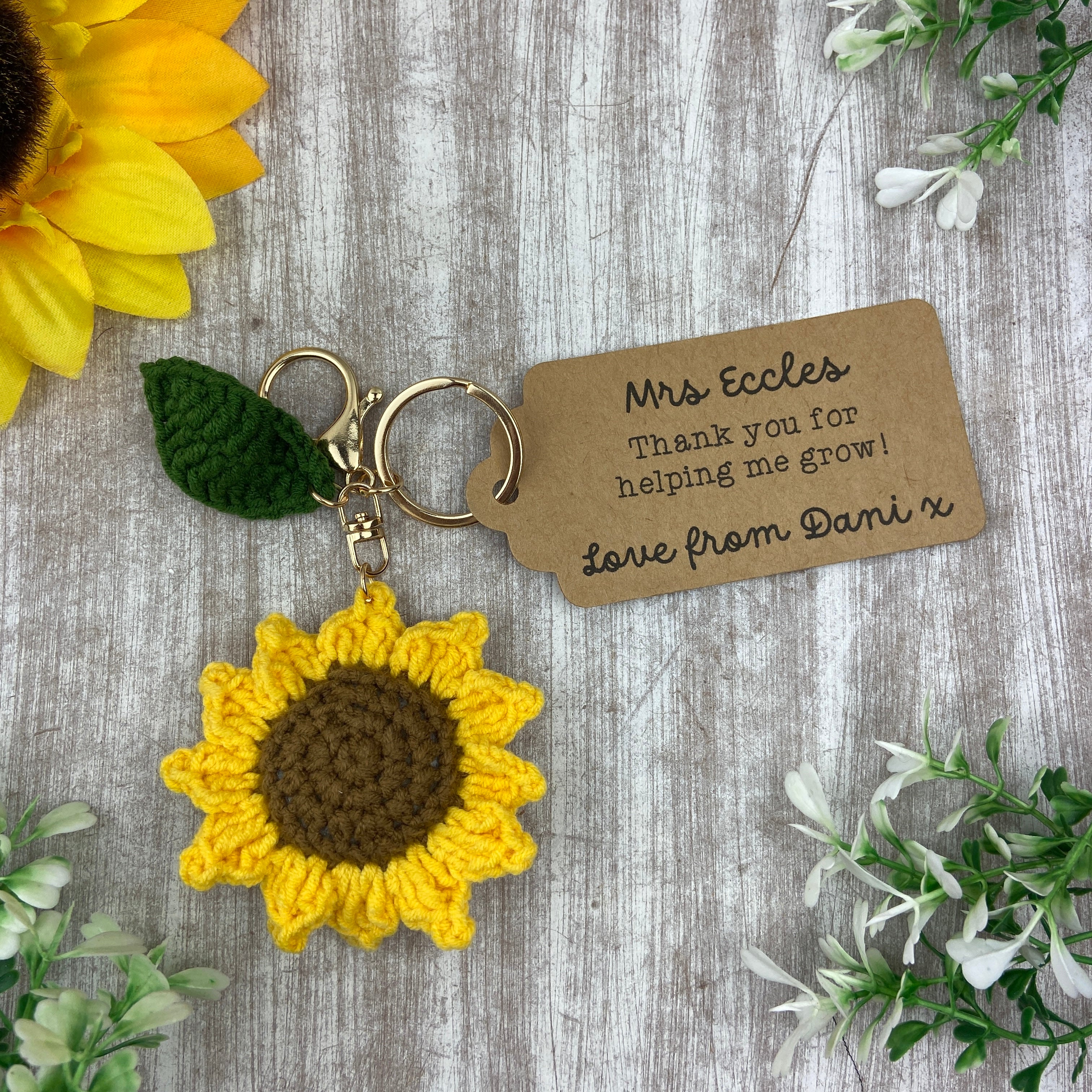 Crochet Sunflower Keyring with Personalised Tag