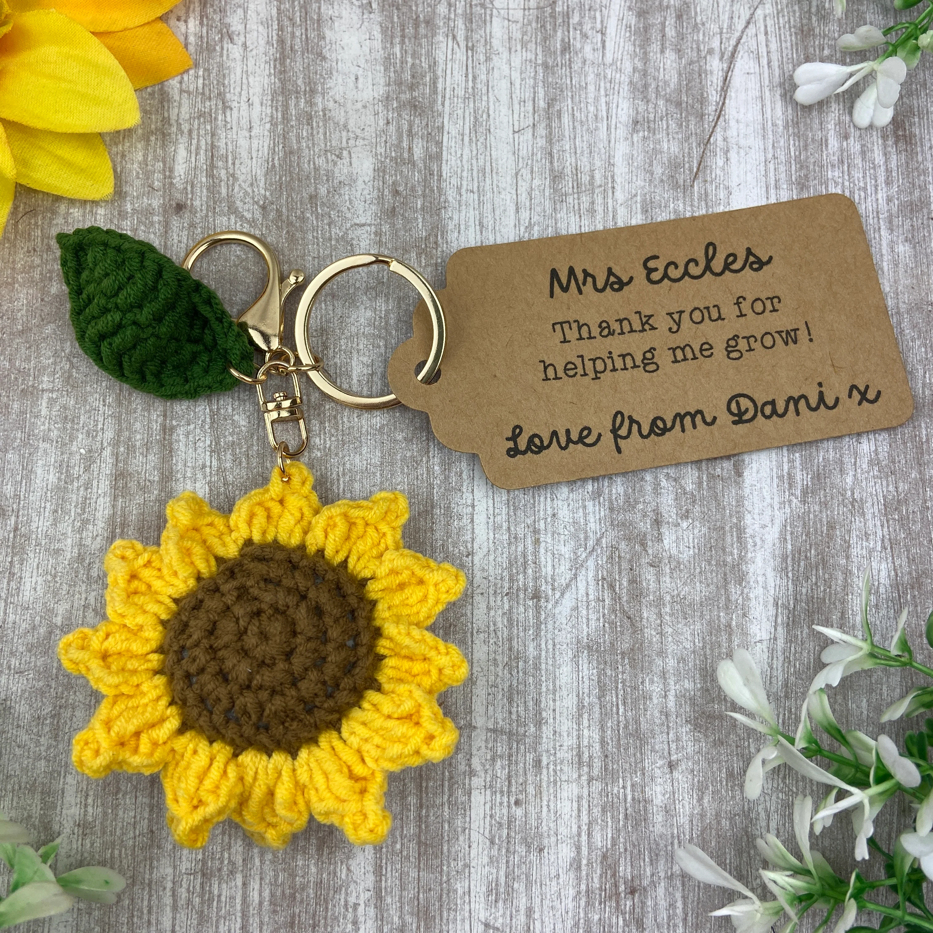 Crochet Sunflower Keyring with Personalised Tag - Image 6