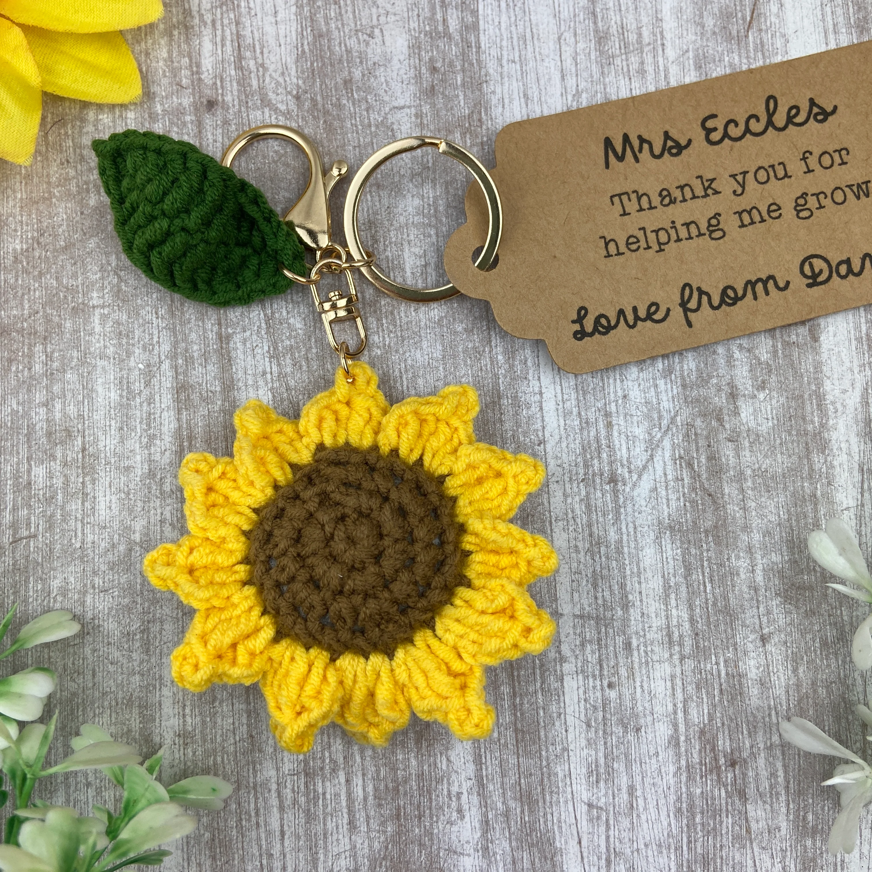 Crochet Sunflower Keyring with Personalised Tag - Image 8