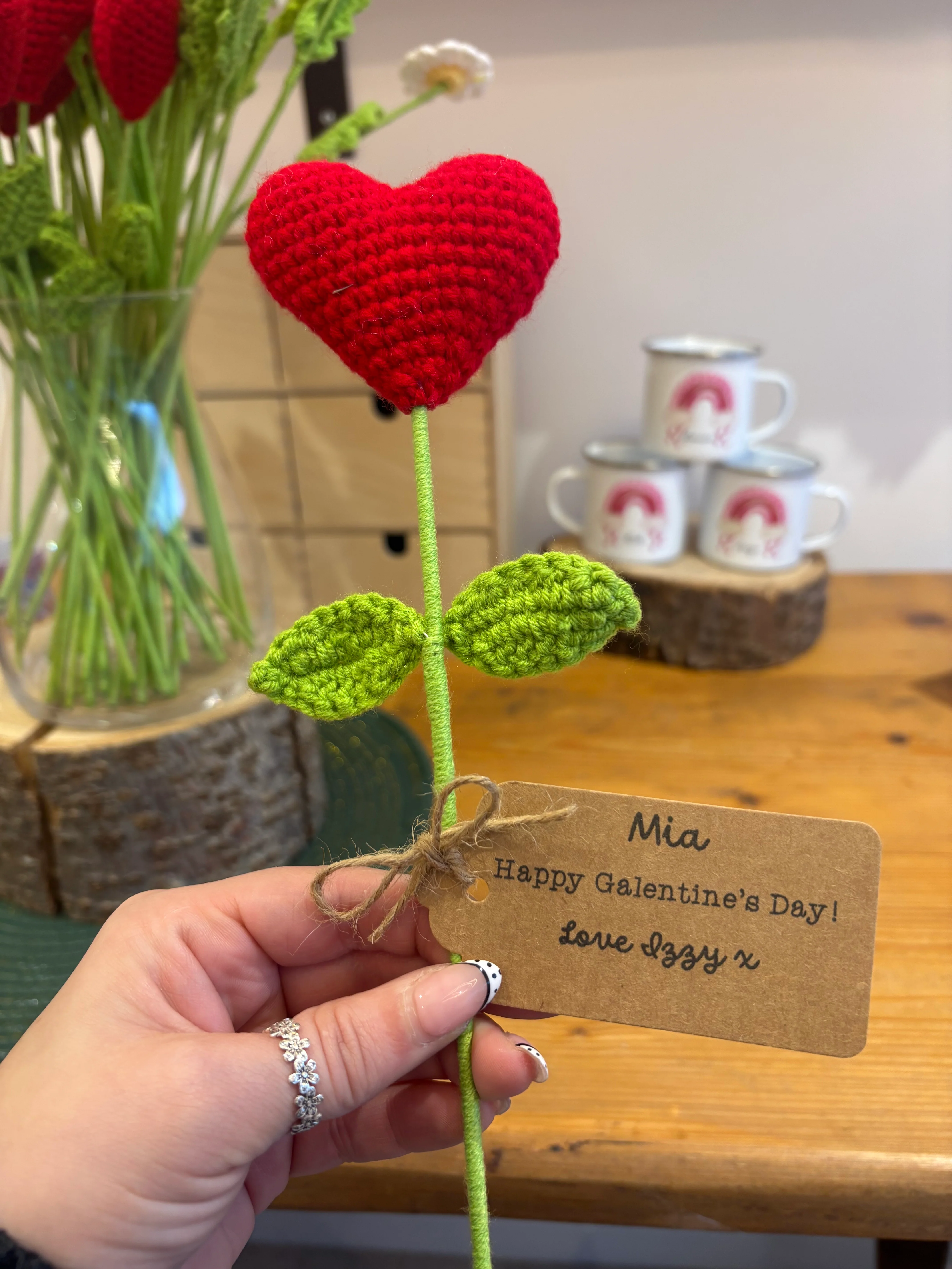 Crochet Heart Flower with Personalised Tag – Valentine’s or Galentine’s Gift