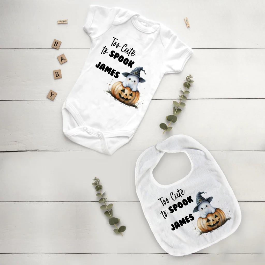 Too Cute to Spook Personalised Baby Vest & Bib Set