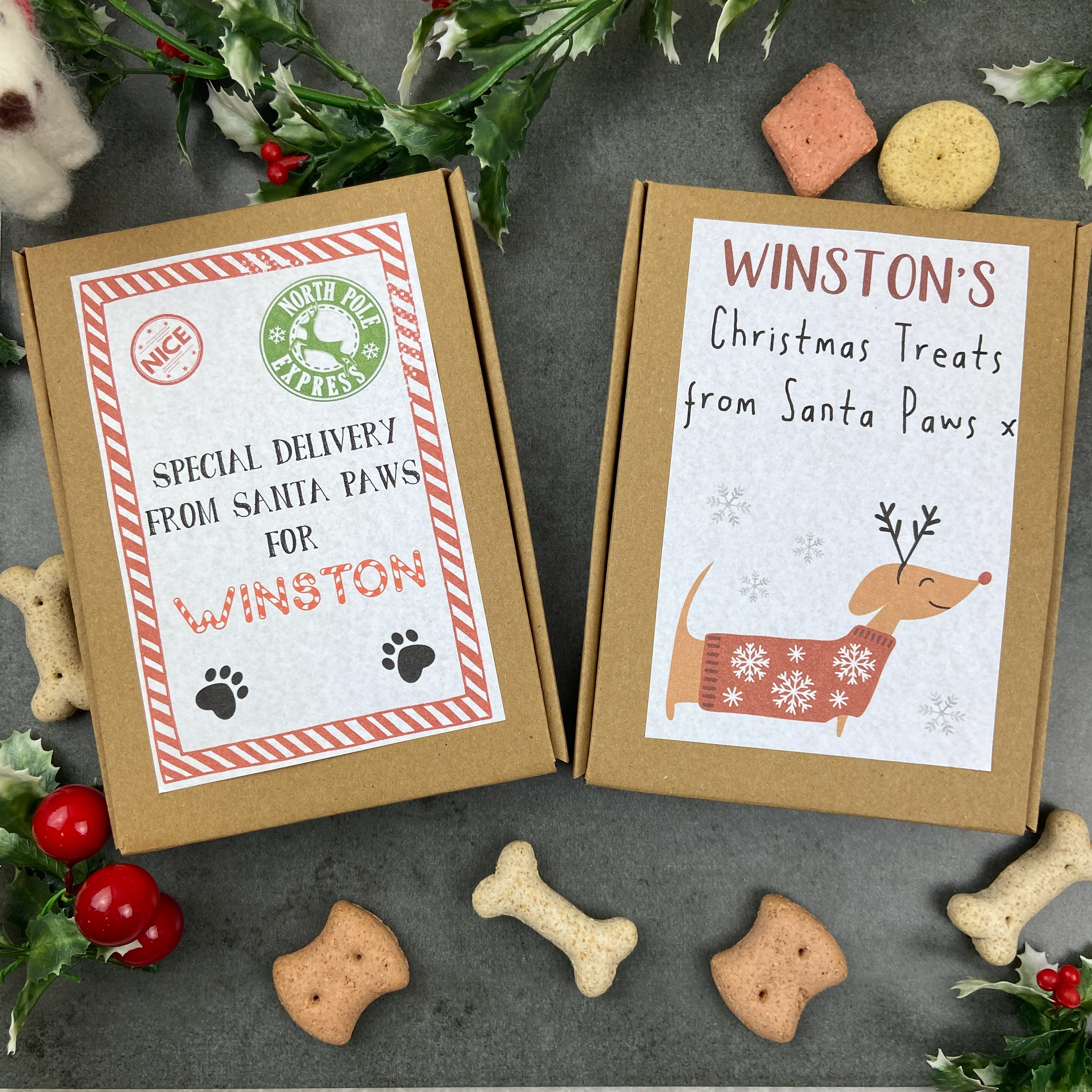 £5.00 Stocking Filler! 2 x Personalised Boxes Of Dog Treats