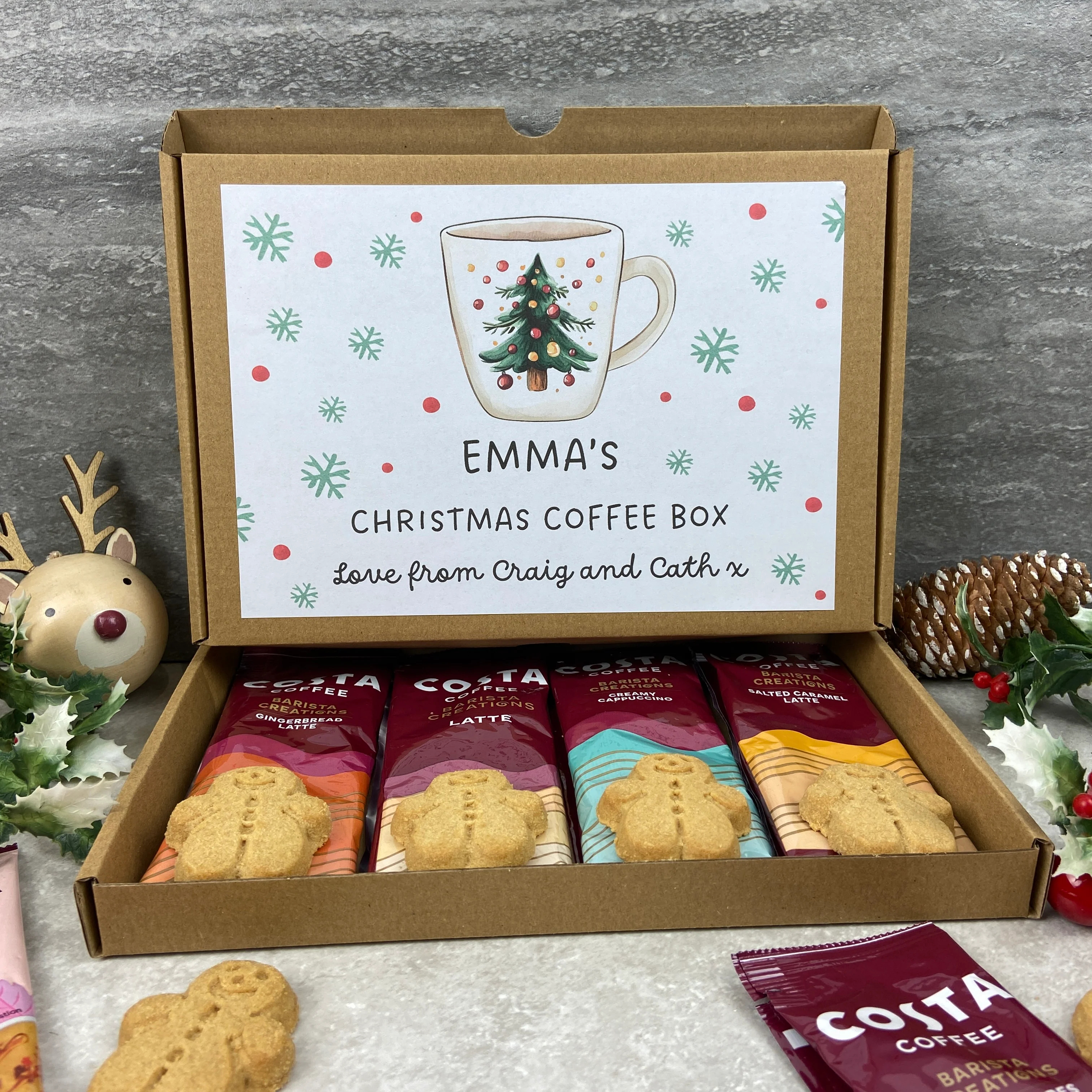 Personalised Christmas Coffee Gift Box – Costa Coffee Sachets & Gingerbread Men Biscuits - Image 6