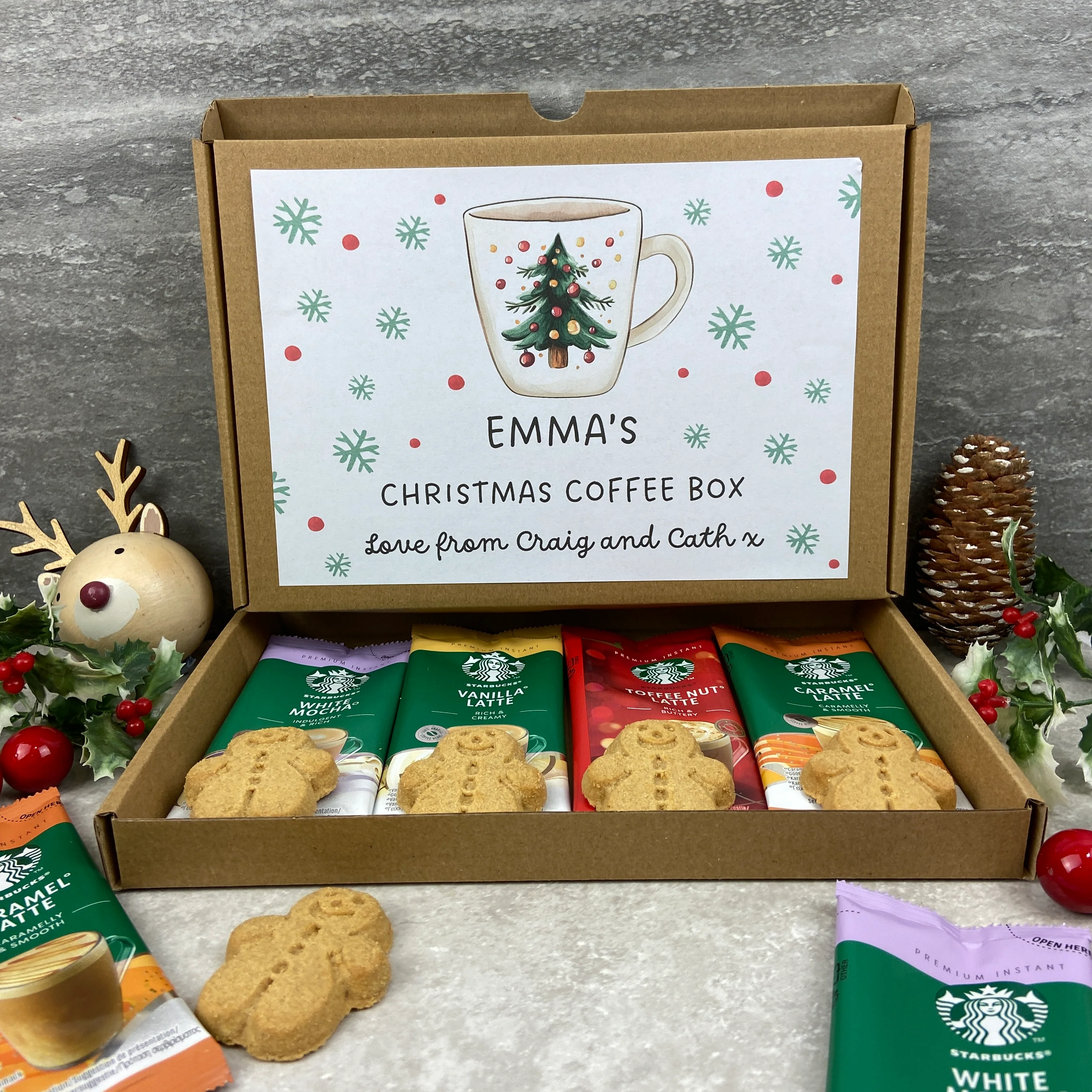 Personalised Christmas Coffee Gift Box – Starbucks Coffee Sachets & Gingerbread Men Biscuits