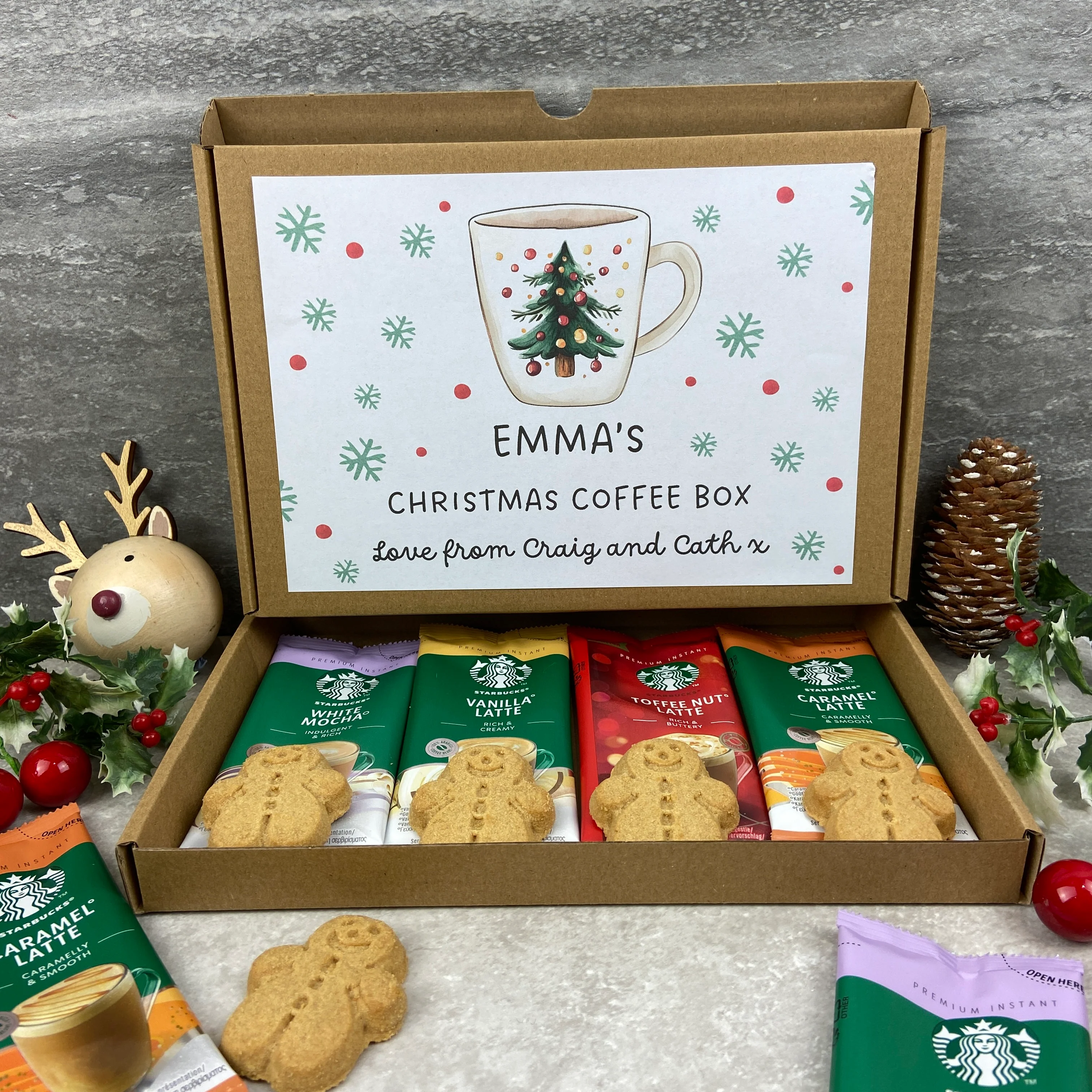Personalised Christmas Coffee Gift Box – Starbucks Coffee Sachets & Gingerbread Men Biscuits - Image 2