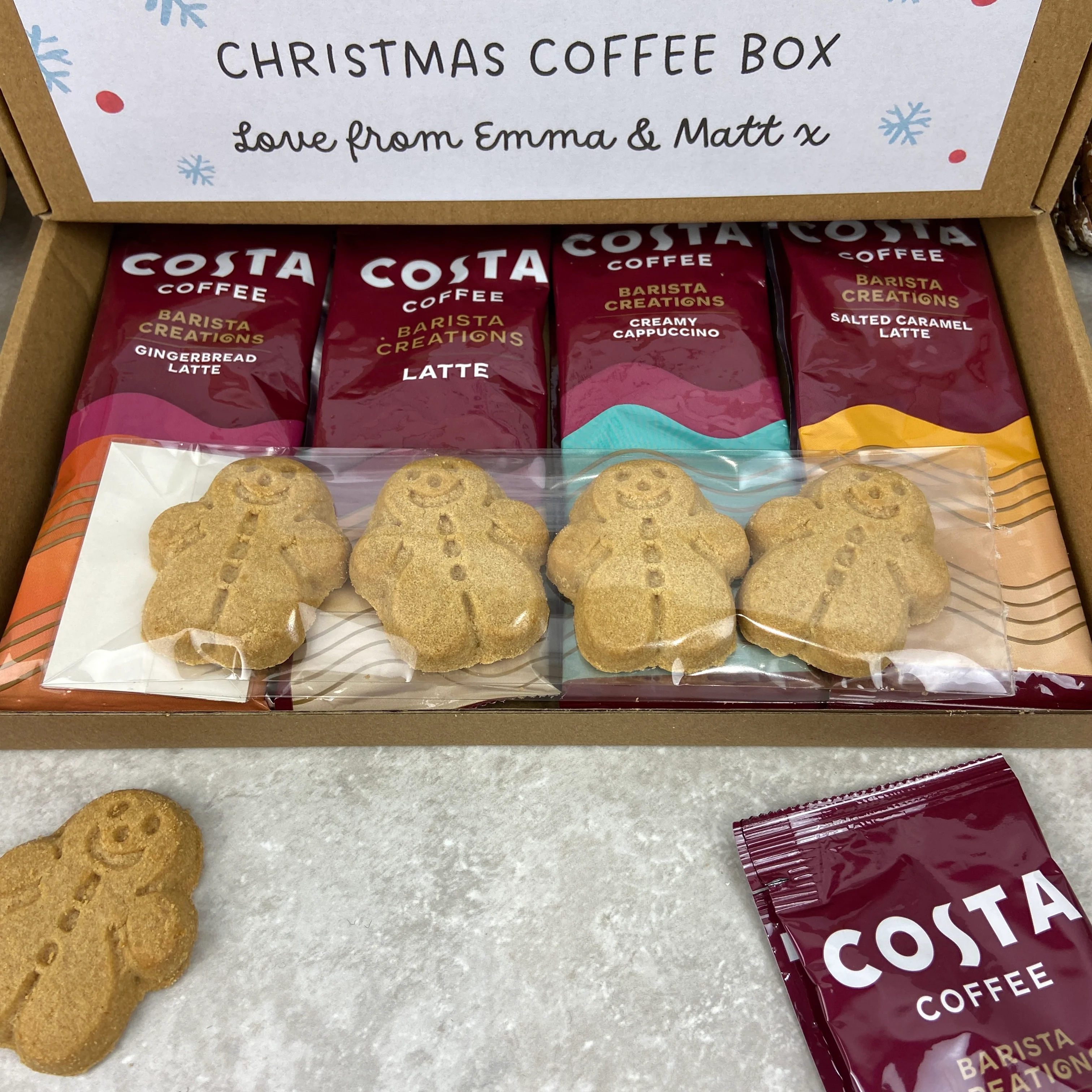 Personalised Christmas Coffee Letterbox Gift – Costa Coffee Sachets & Gingerbread Men Biscuits - Image 3