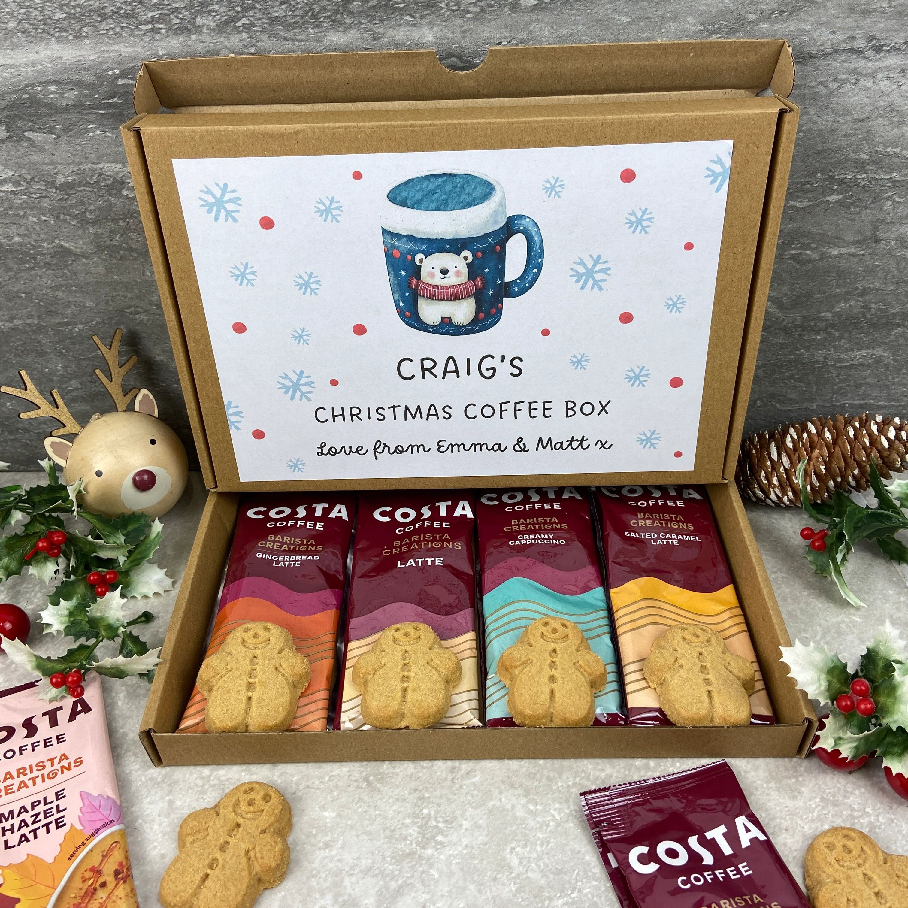 Personalised Christmas Coffee Letterbox Gift – Costa Coffee Sachets & Gingerbread Men Biscuits - Image 9