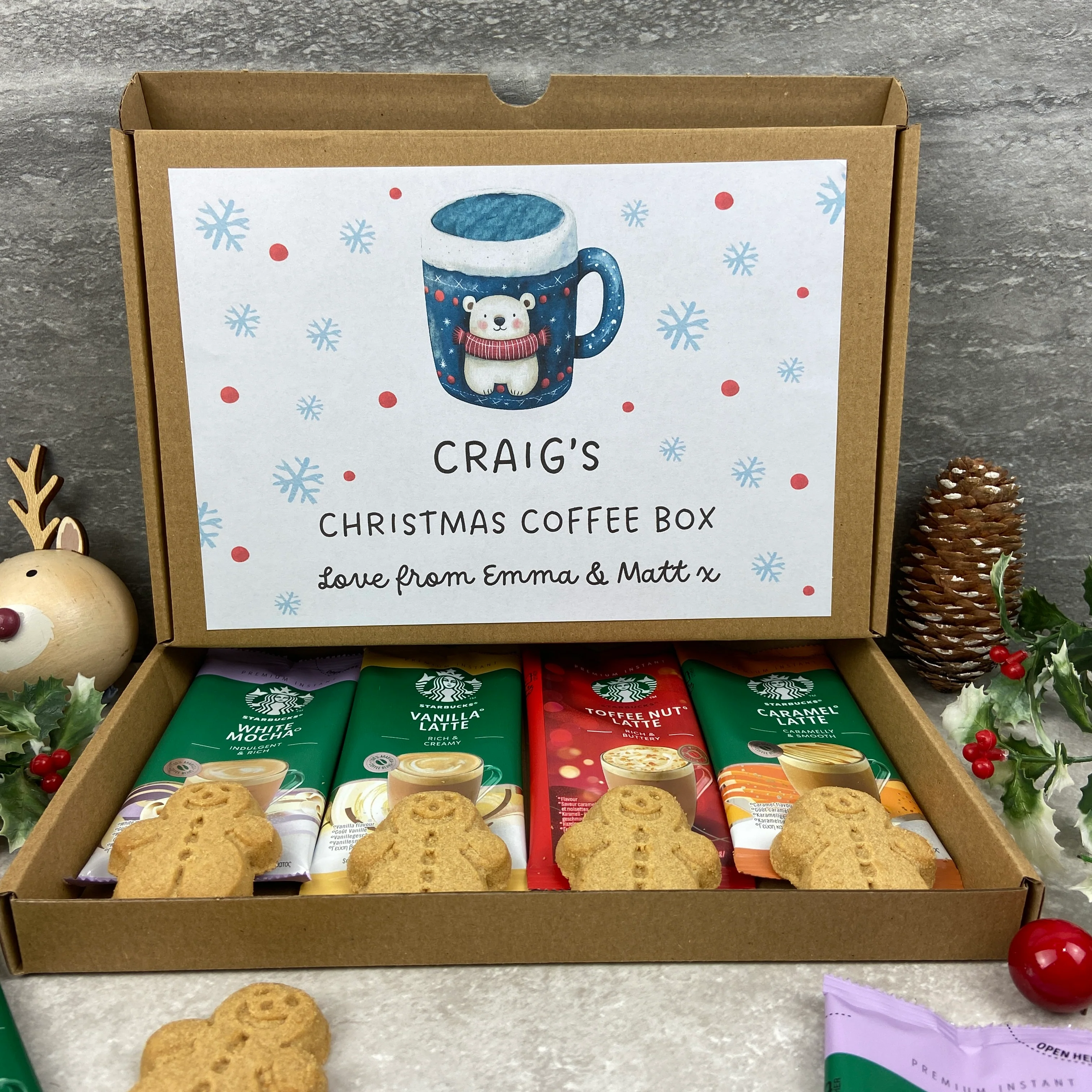 Personalised Christmas Coffee Letterbox Gift – Starbucks Coffee Sachets & Gingerbread Men Biscuits