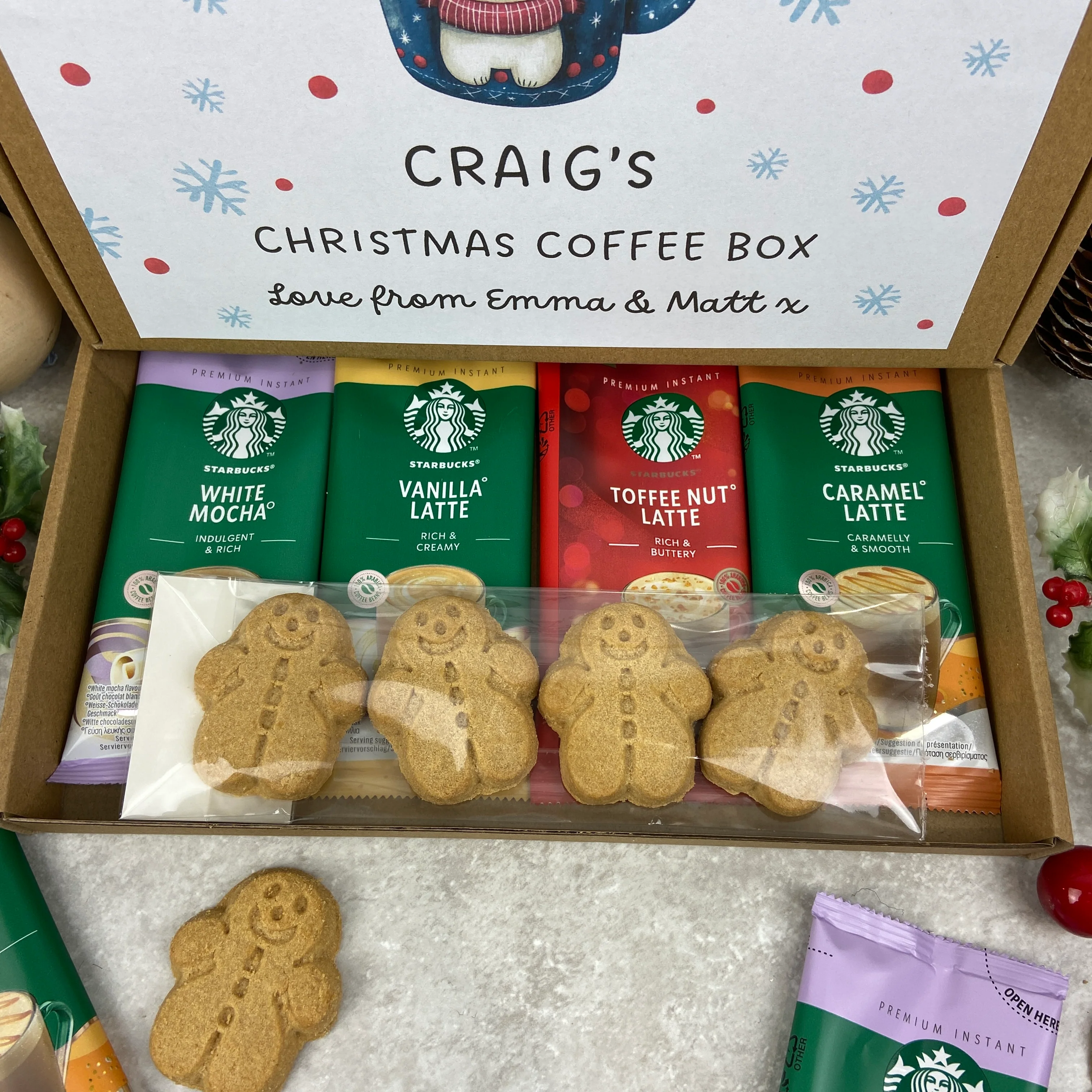 Personalised Christmas Coffee Letterbox Gift – Starbucks Coffee Sachets & Gingerbread Men Biscuits - Image 4