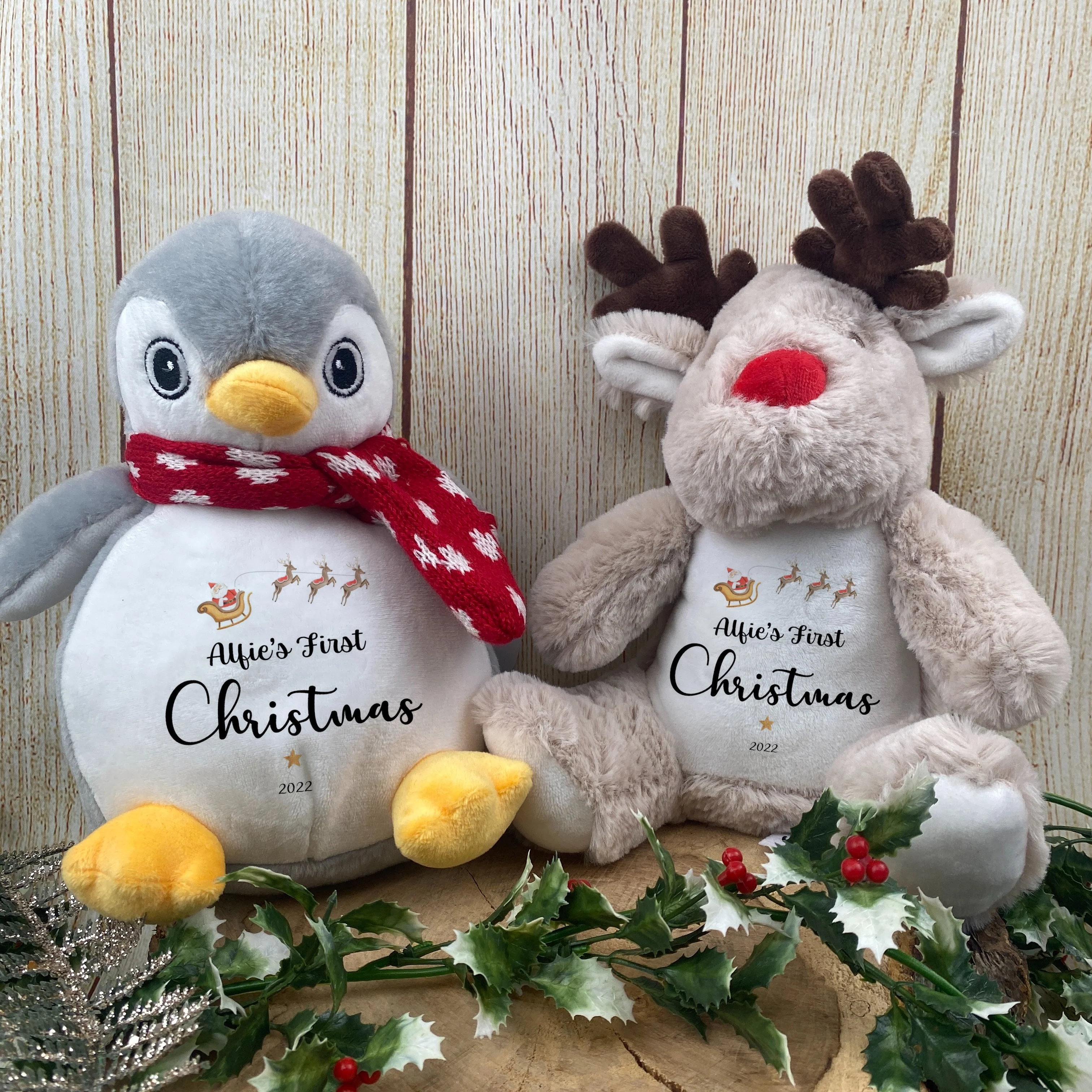 Personalised Baby’s First Christmas Plush or Keyring – Name & Year – Santa Sleigh Reindeer Design