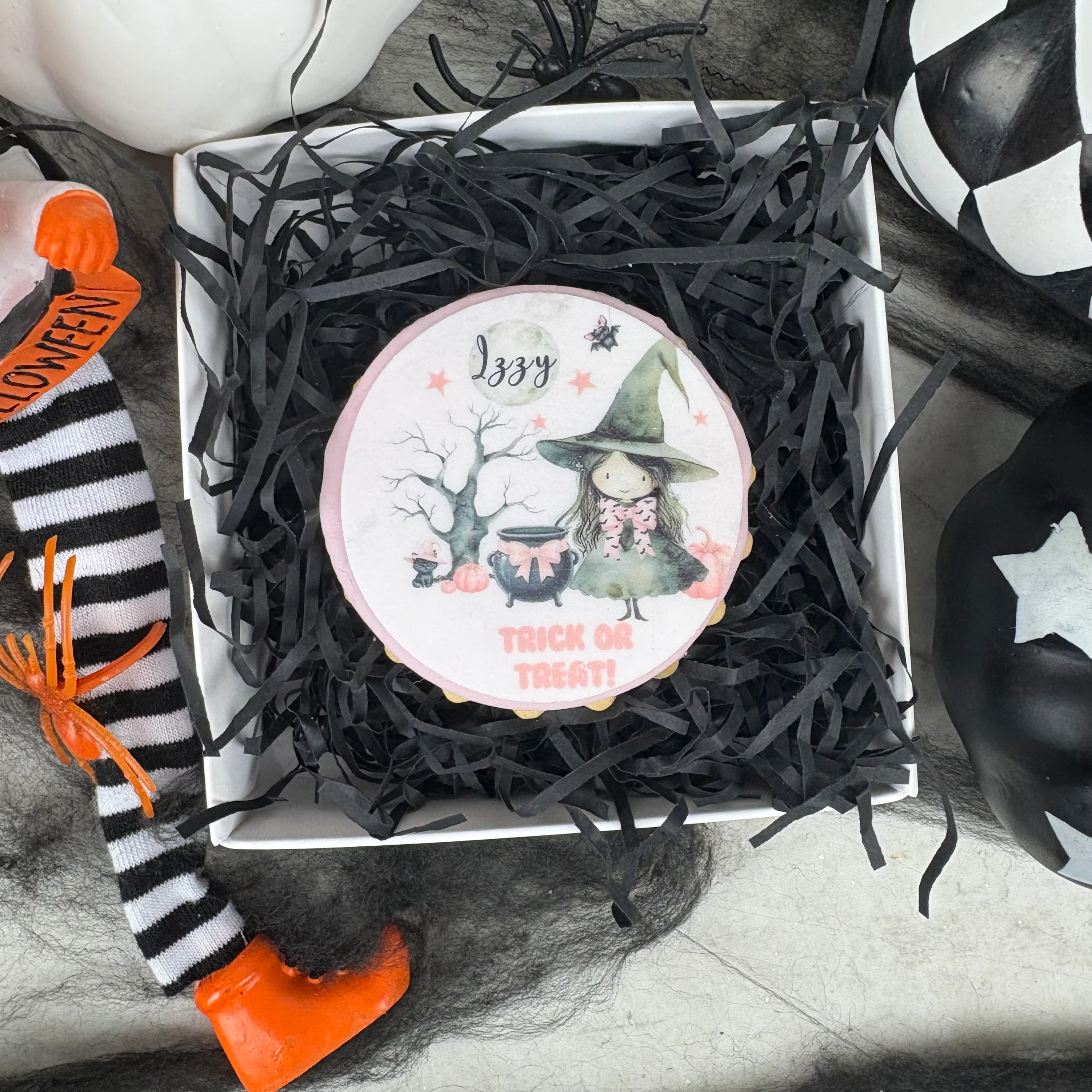 Personalised Cute Pink Witch Halloween Biscuit - Image 6