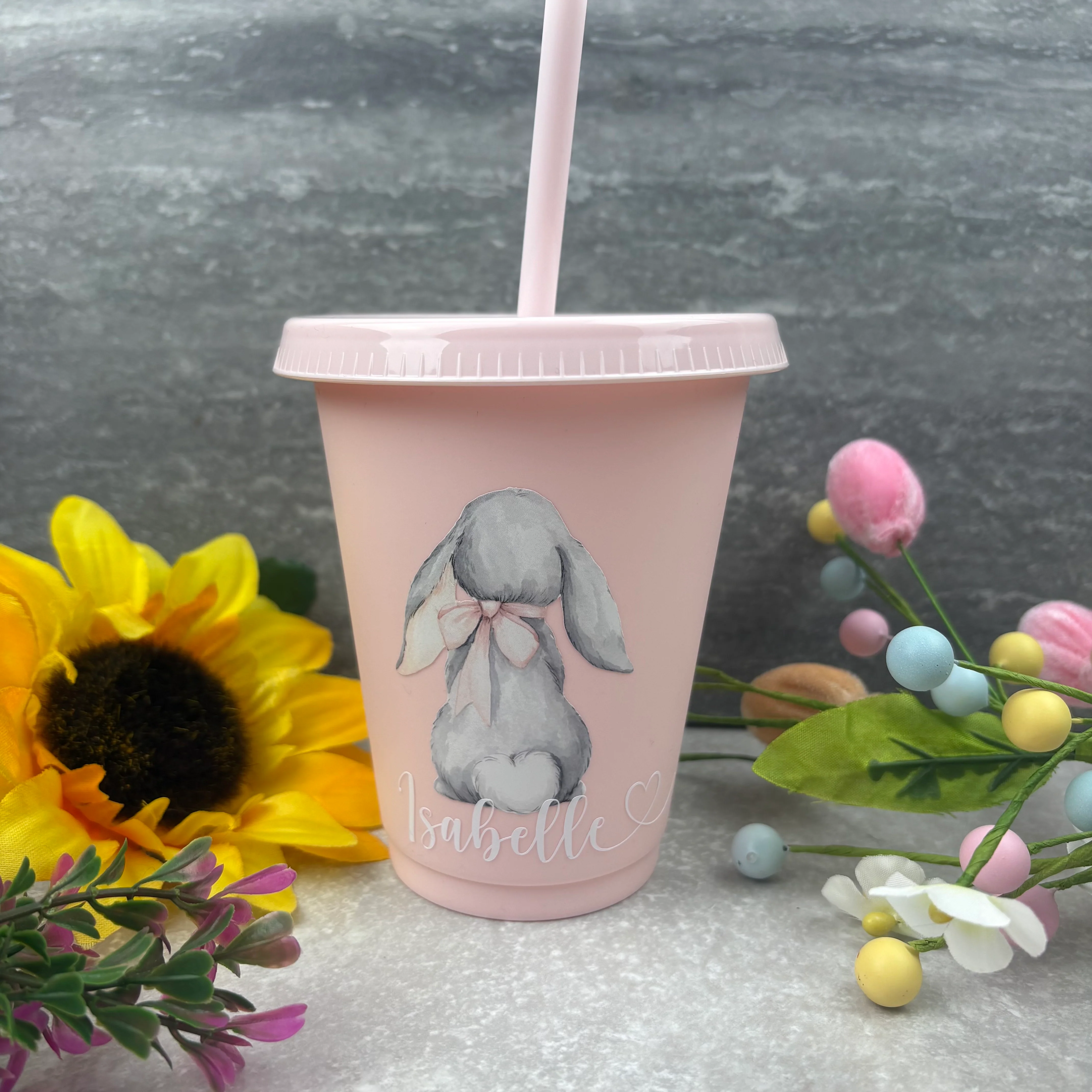 Personalised Easter Grey Bunny Cold Cup with Straw