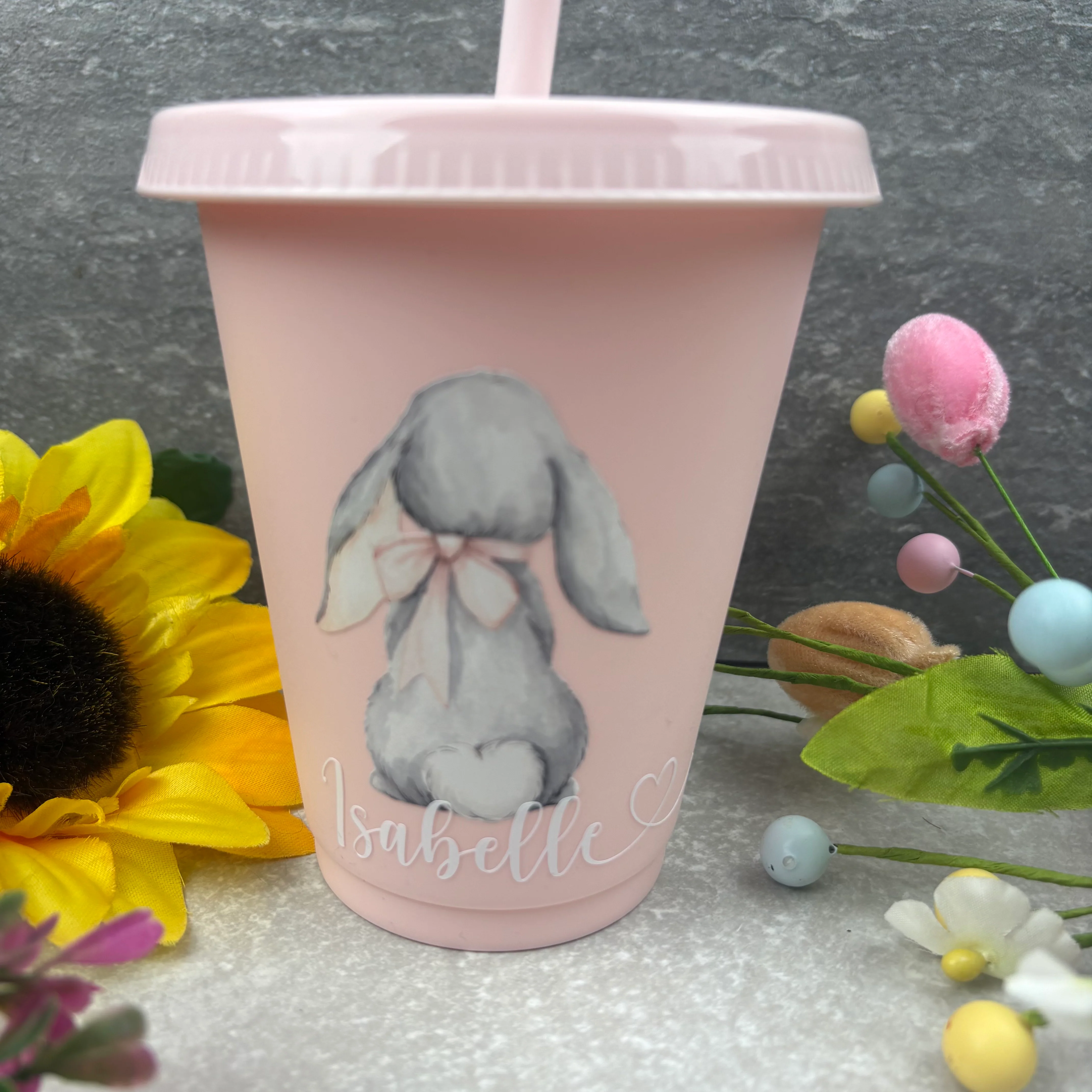 Personalised Easter Grey Bunny Cold Cup with Straw - Image 2
