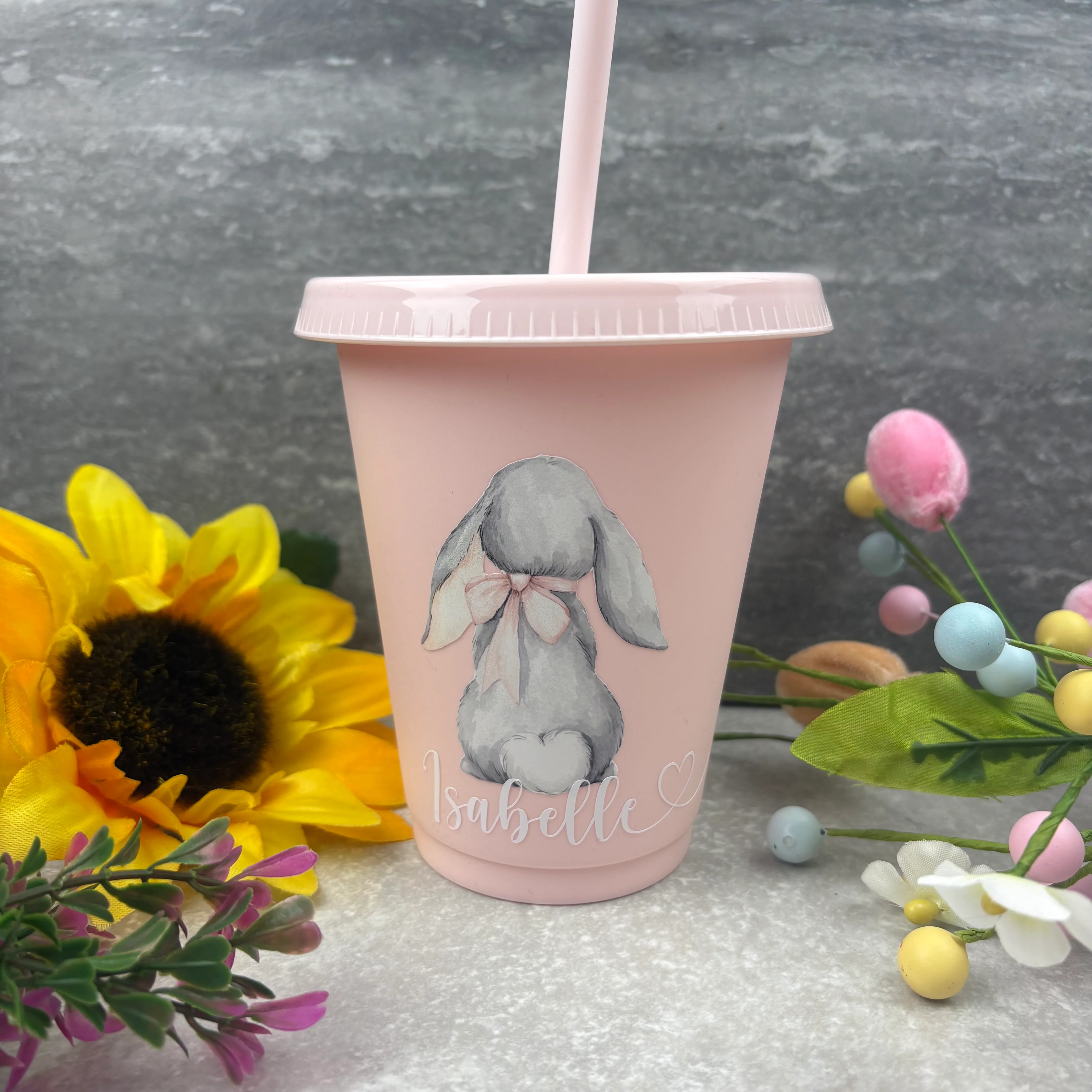 Personalised Easter Grey Bunny Cold Cup with Straw - Image 3