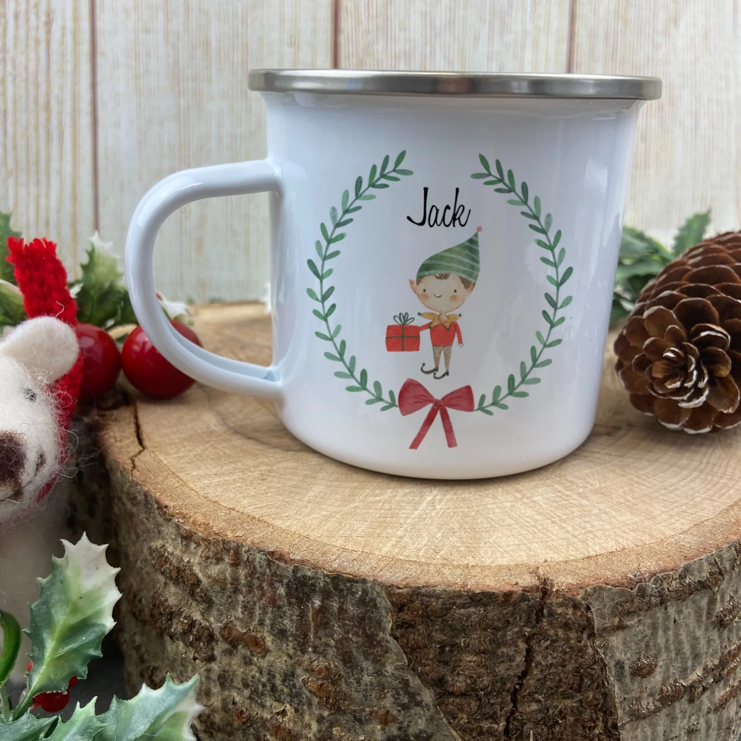 Personalised Elf Boy In A Wreath Enamel Mug - Image 4