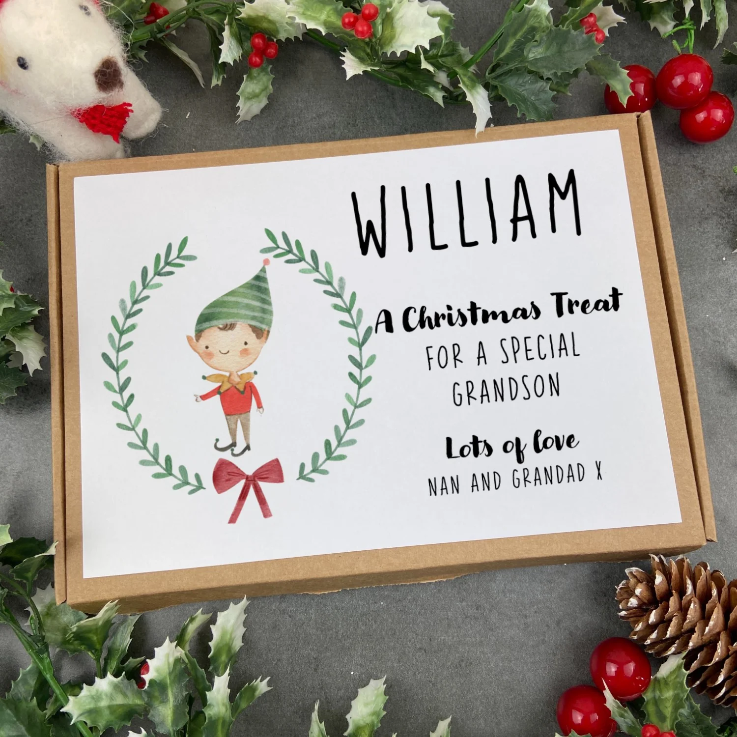 Personalised Elf Boy Wreath Chocolate Bar Box - Image 2