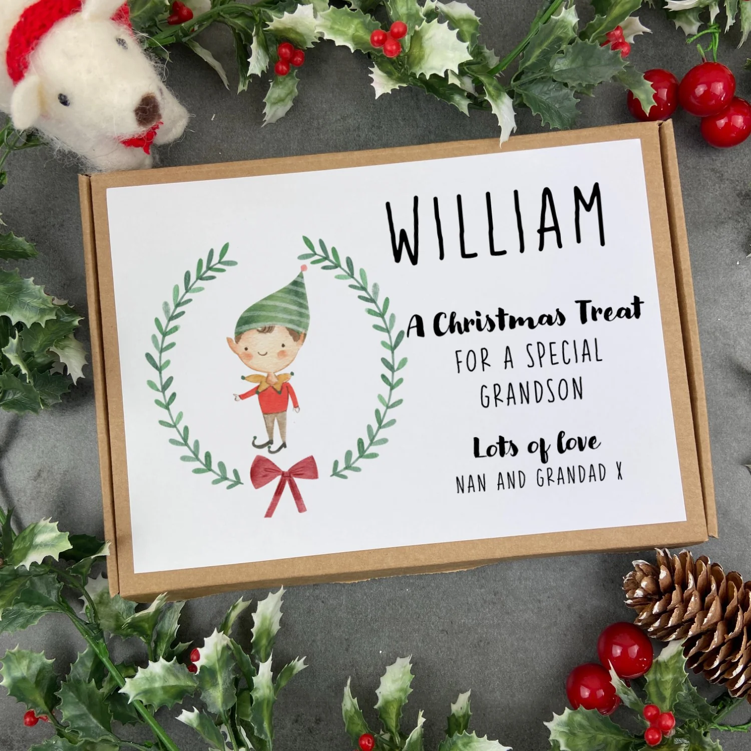 Personalised Elf Boy Wreath Chocolate Bar Box - Image 8