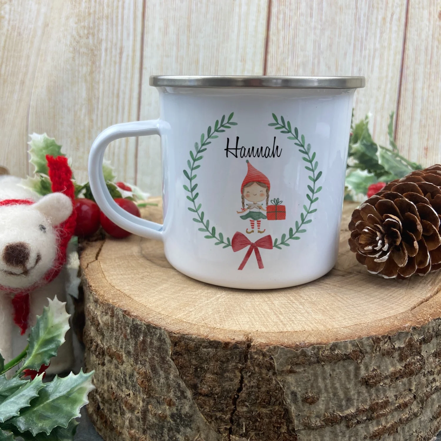 Personalised Elf Girl In A Wreath Enamel Mug - Image 2