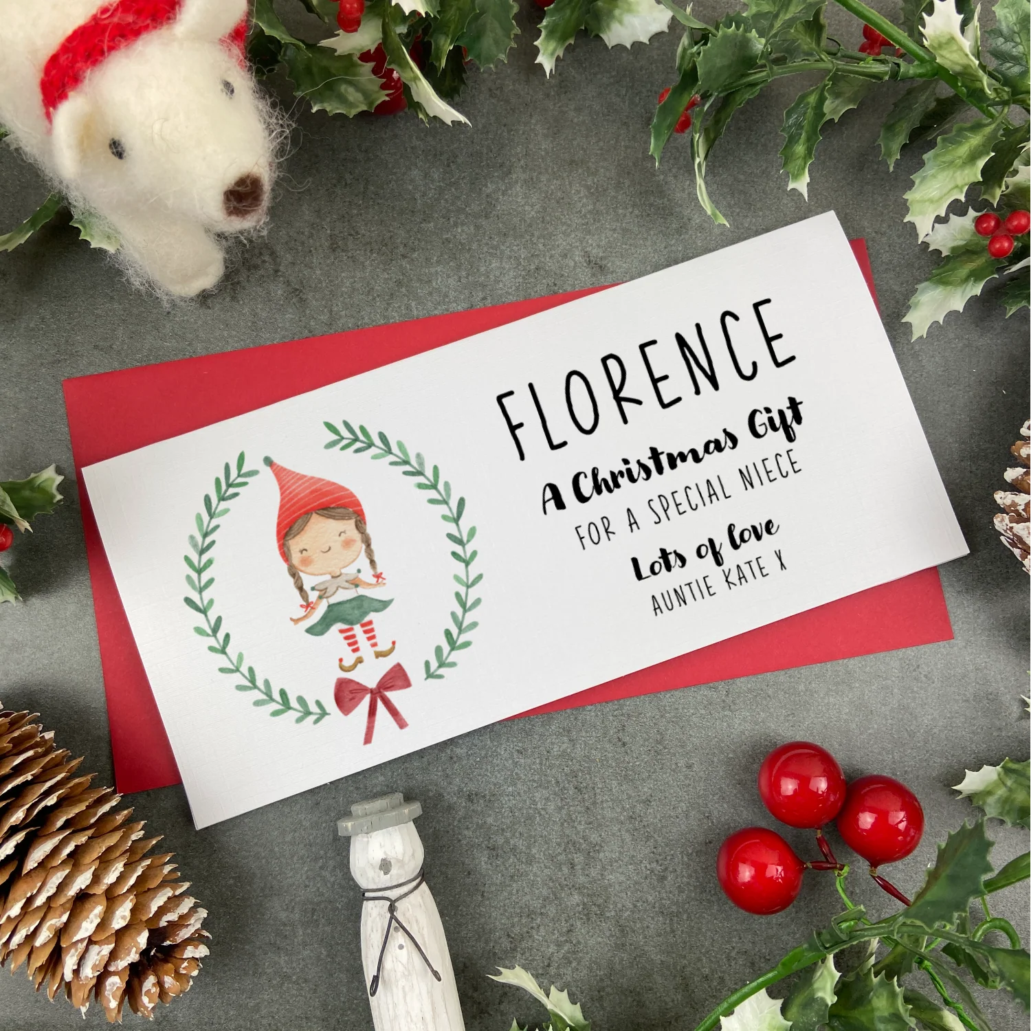 Personalised Elf Girl Wreath Money Wallet - Image 3