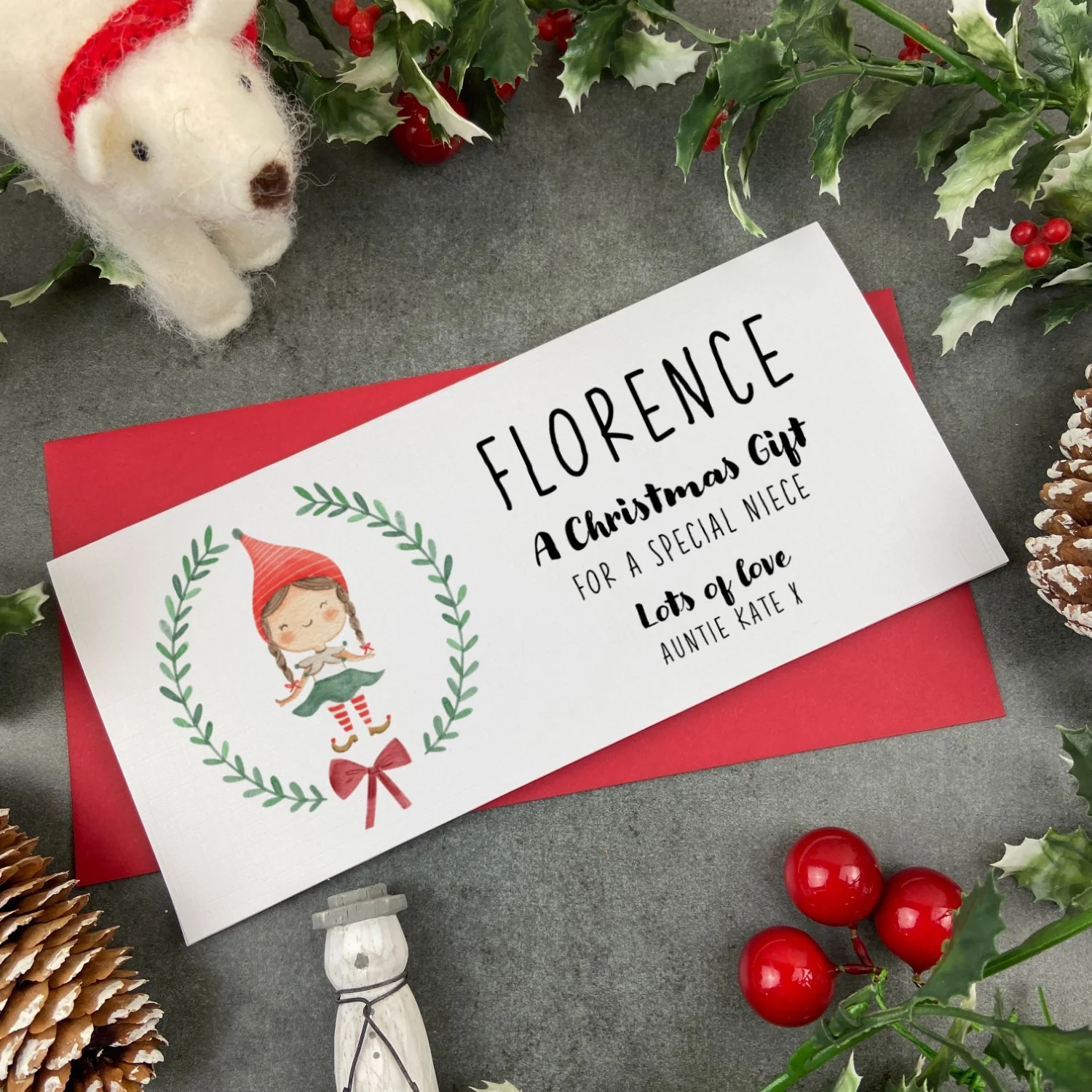 Personalised Elf Girl Wreath Money Wallet - Image 4