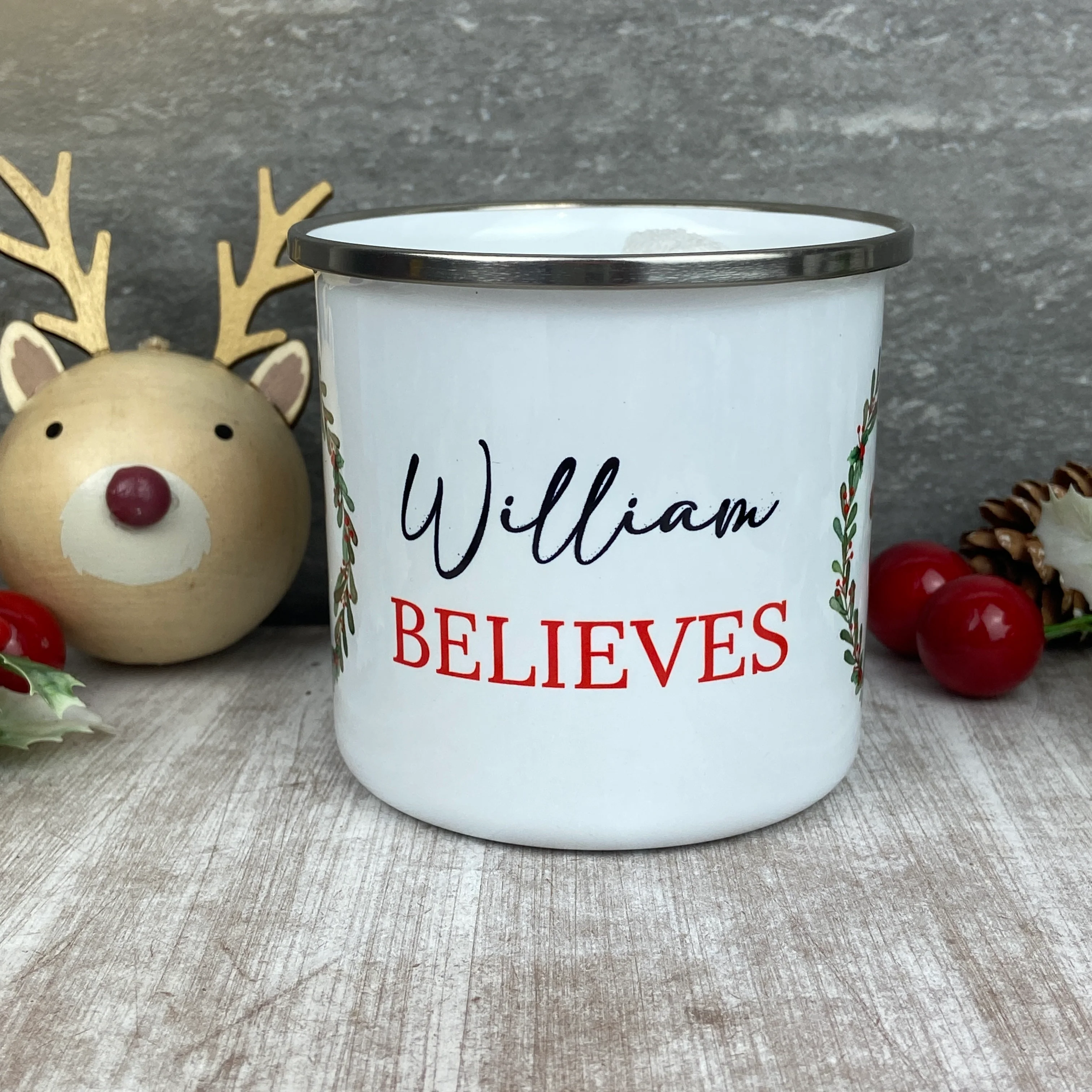 Personalised Festive Friends 'Believe' Enamel Mug - Image 5