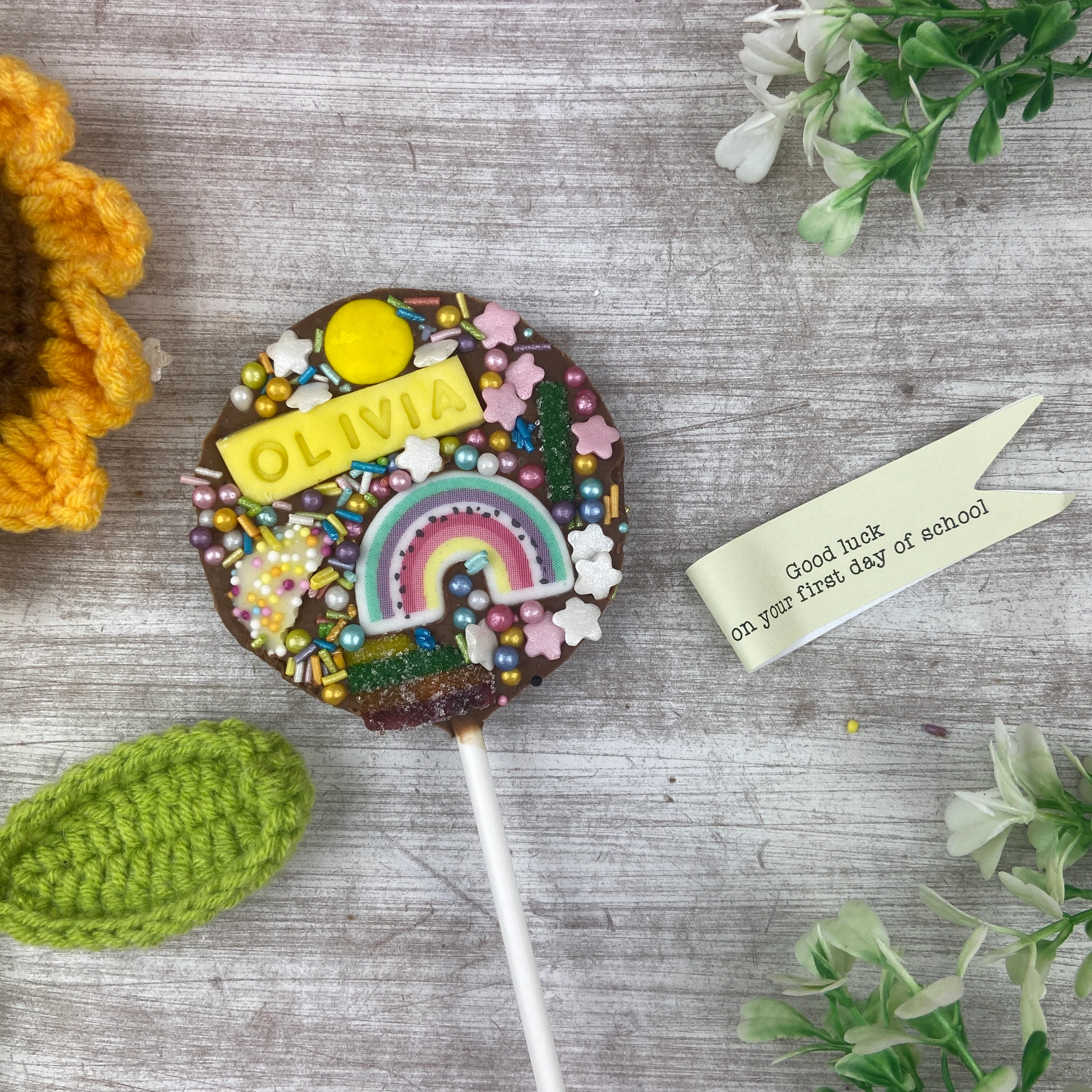 Personalised Good Luck On Your First Day In School Belgian Chocolate Lollipop - Image 3