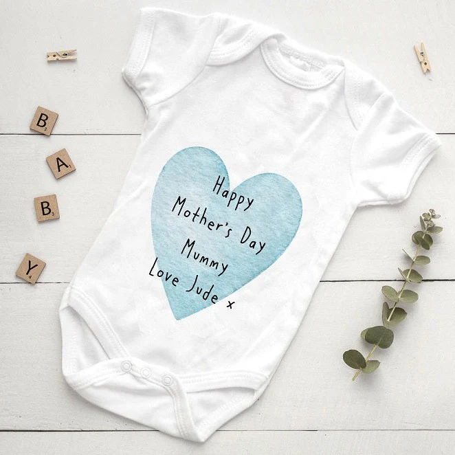 Personalised Happy Mothers Day Love Heart Baby Vest and Bib