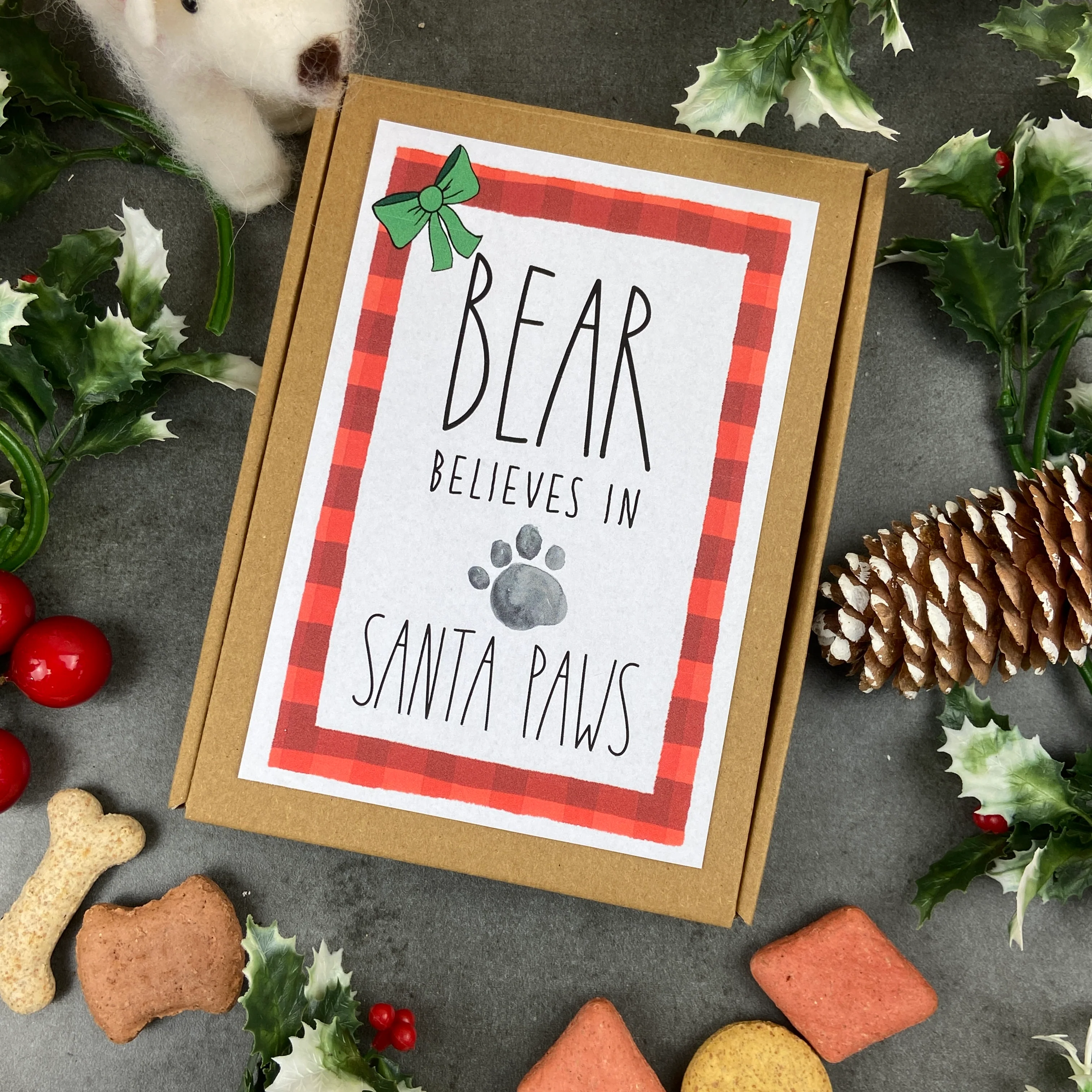 Personalised Little Dog Treat Box - '… Believes In Santa Paws'