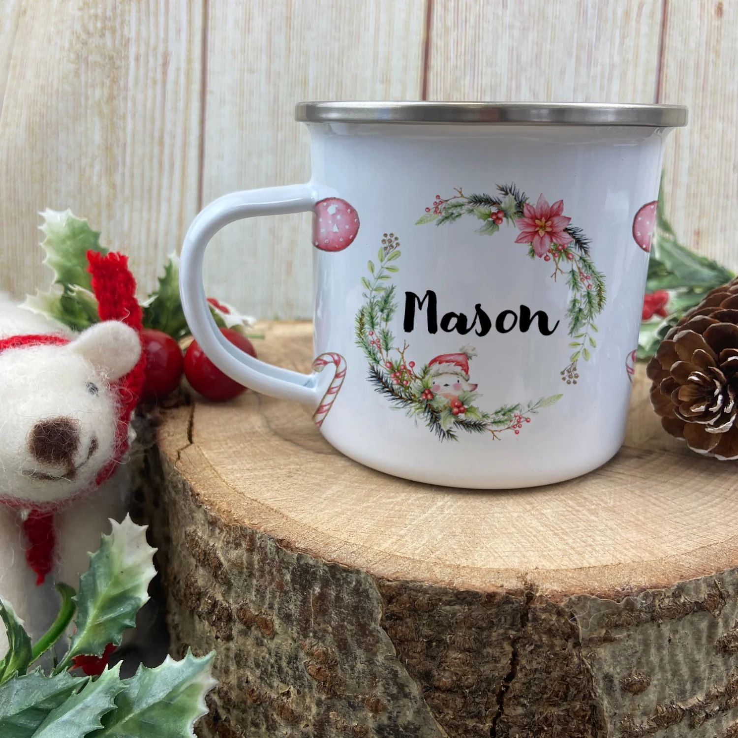 Personalised Snow Boy Wreath Enamel Mug - Image 2