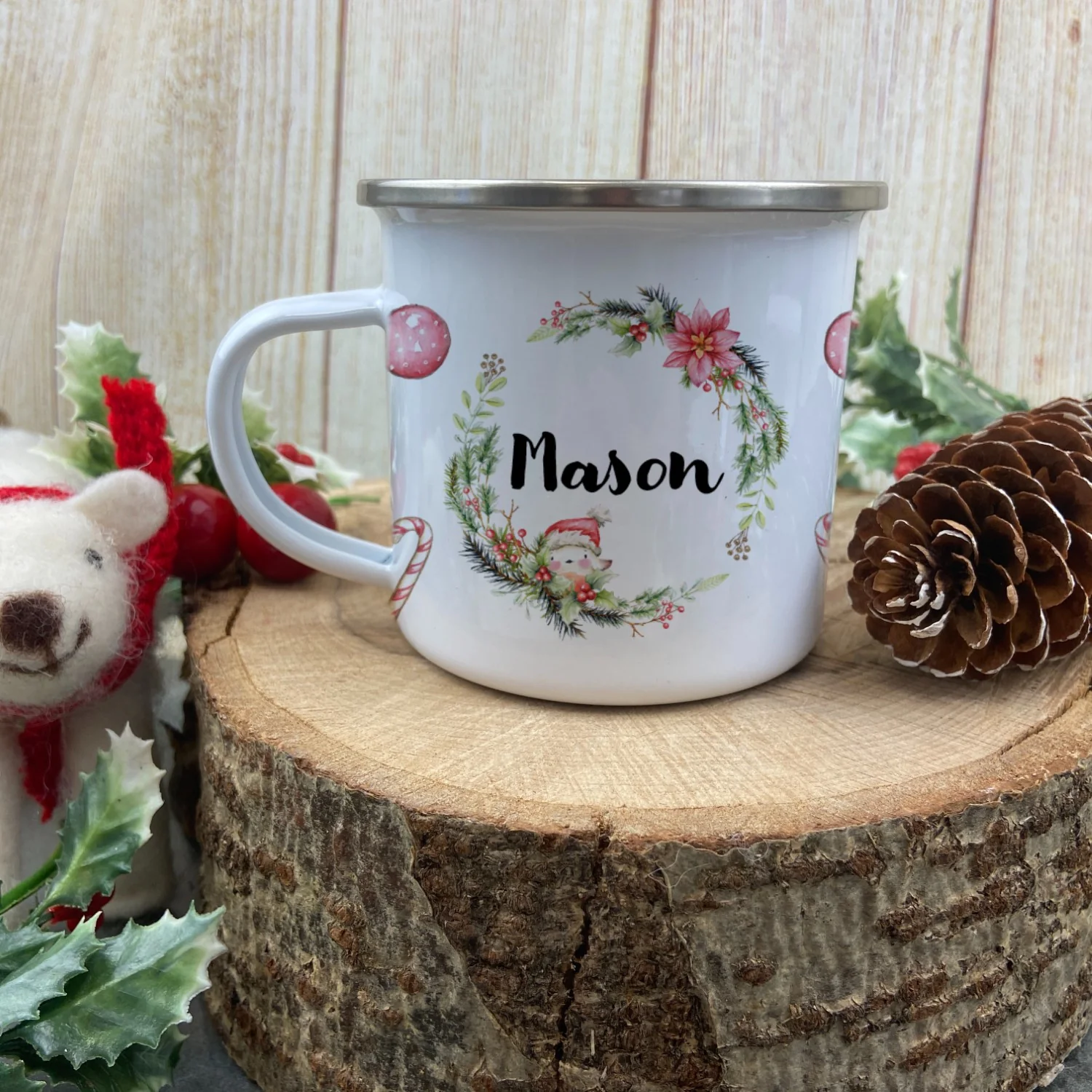 Personalised Snow Boy Wreath Enamel Mug - Image 4