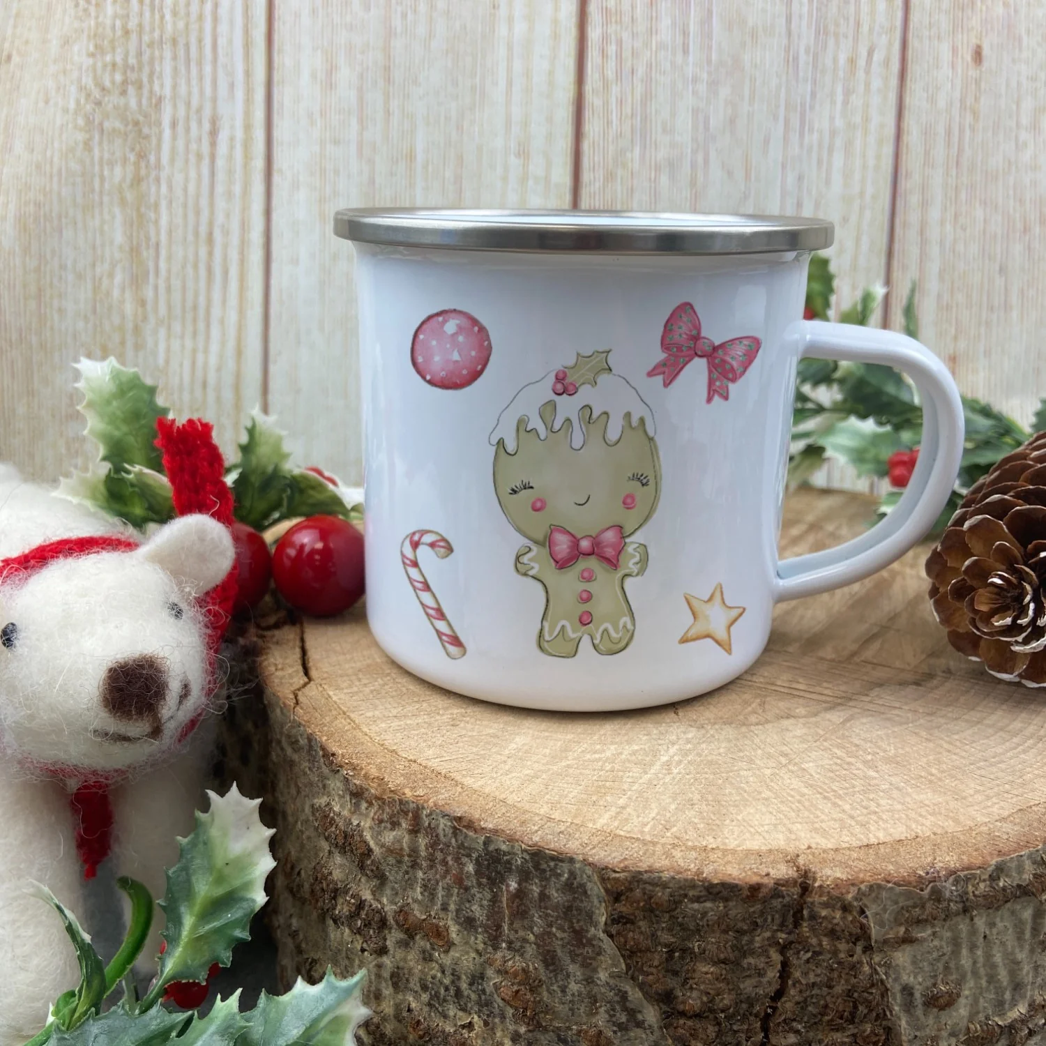 Personalised Snow Boy Wreath Enamel Mug - Image 6