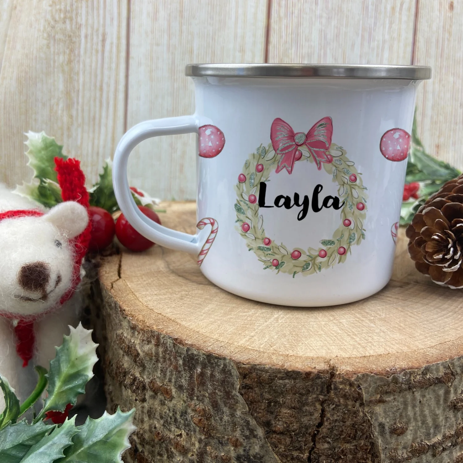 Personalised Snow Girl Wreath Enamel Mug - Image 2