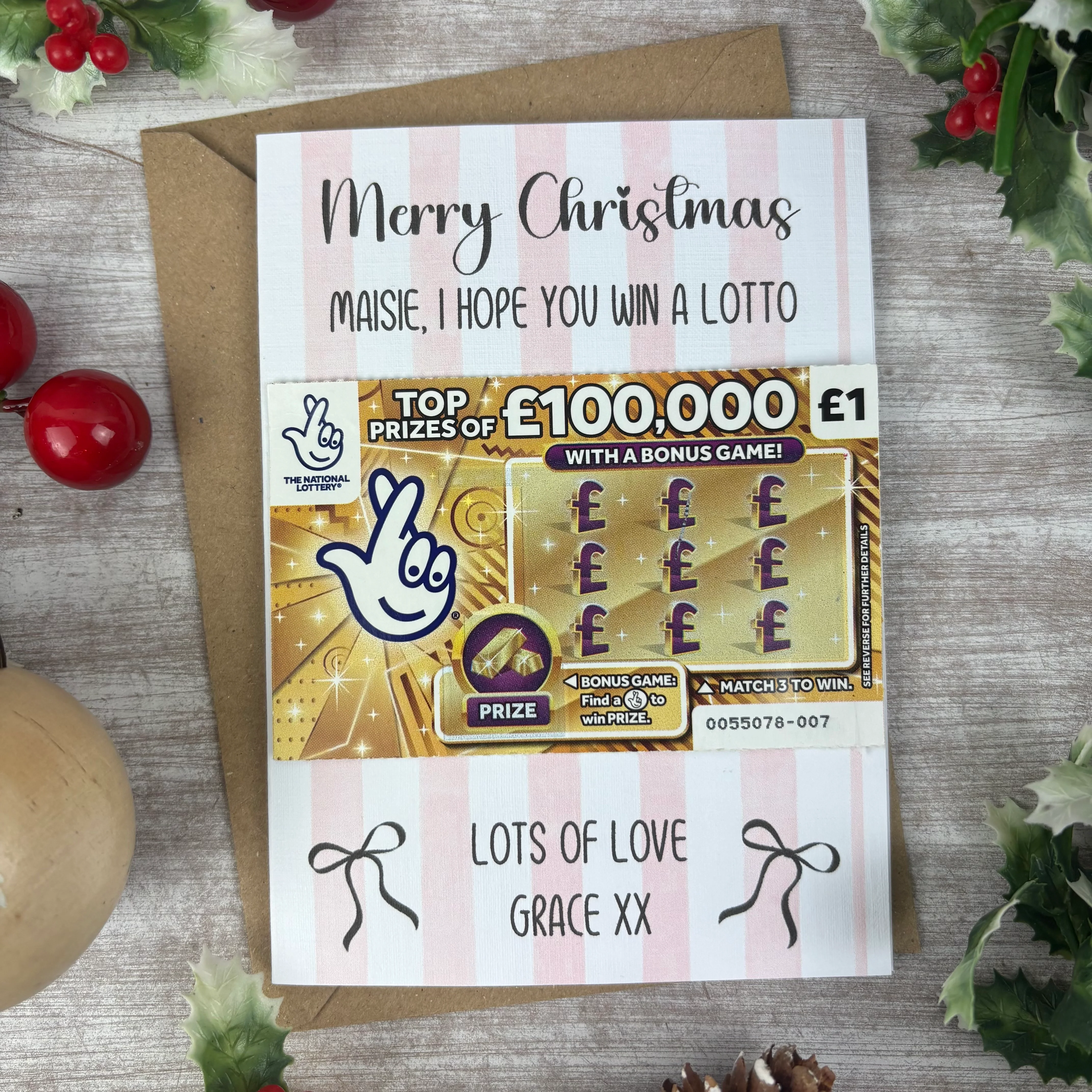 Personalised Striped Merry Christmas Scratch Card - I Hope You Win A Lotto - Image 2