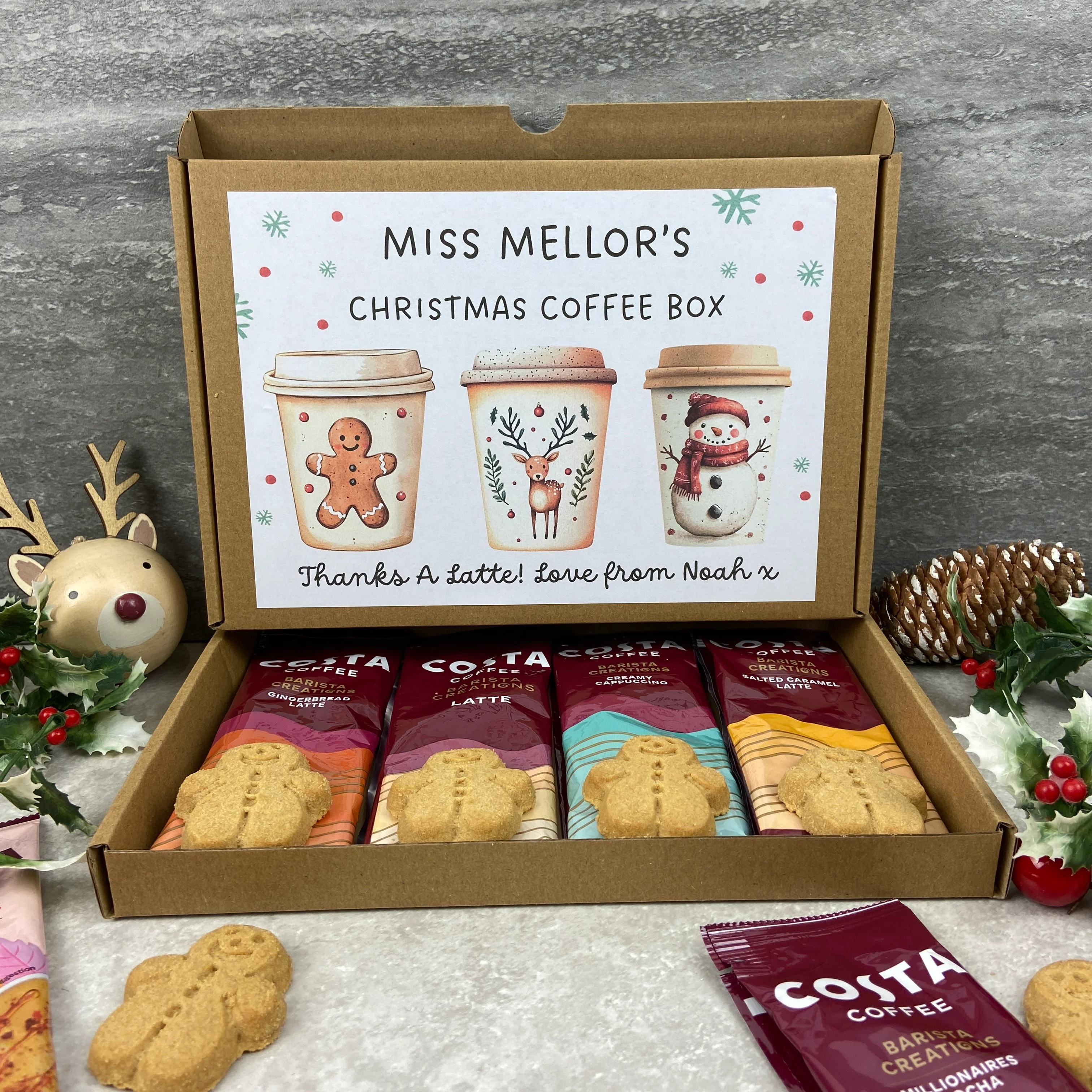 Personalised Teacher Christmas Coffee Gift Box – Costa Coffee Sachets & Gingerbread Biscuits - Image 12