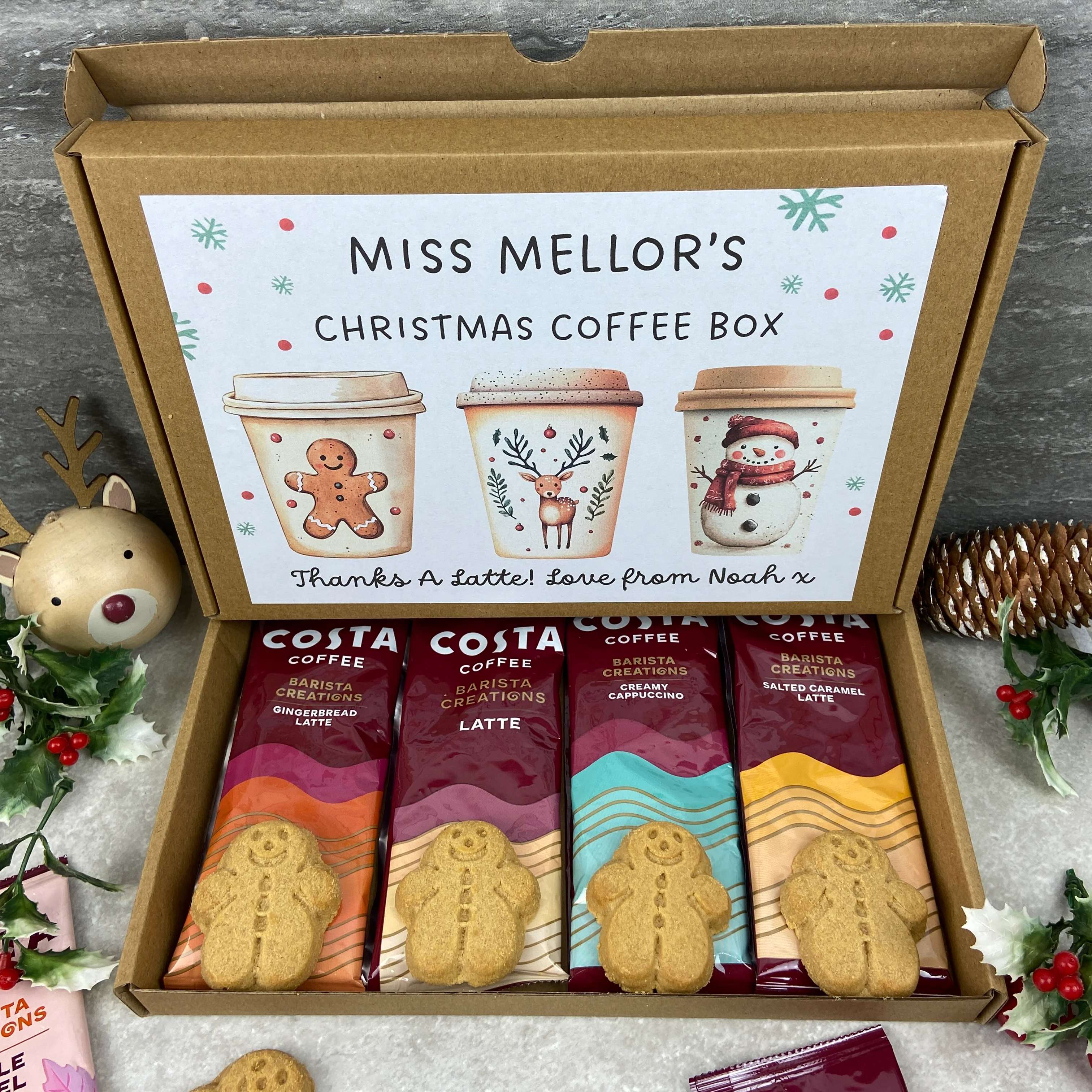 Personalised Teacher Christmas Coffee Gift Box – Costa Coffee Sachets & Gingerbread Biscuits - Image 4