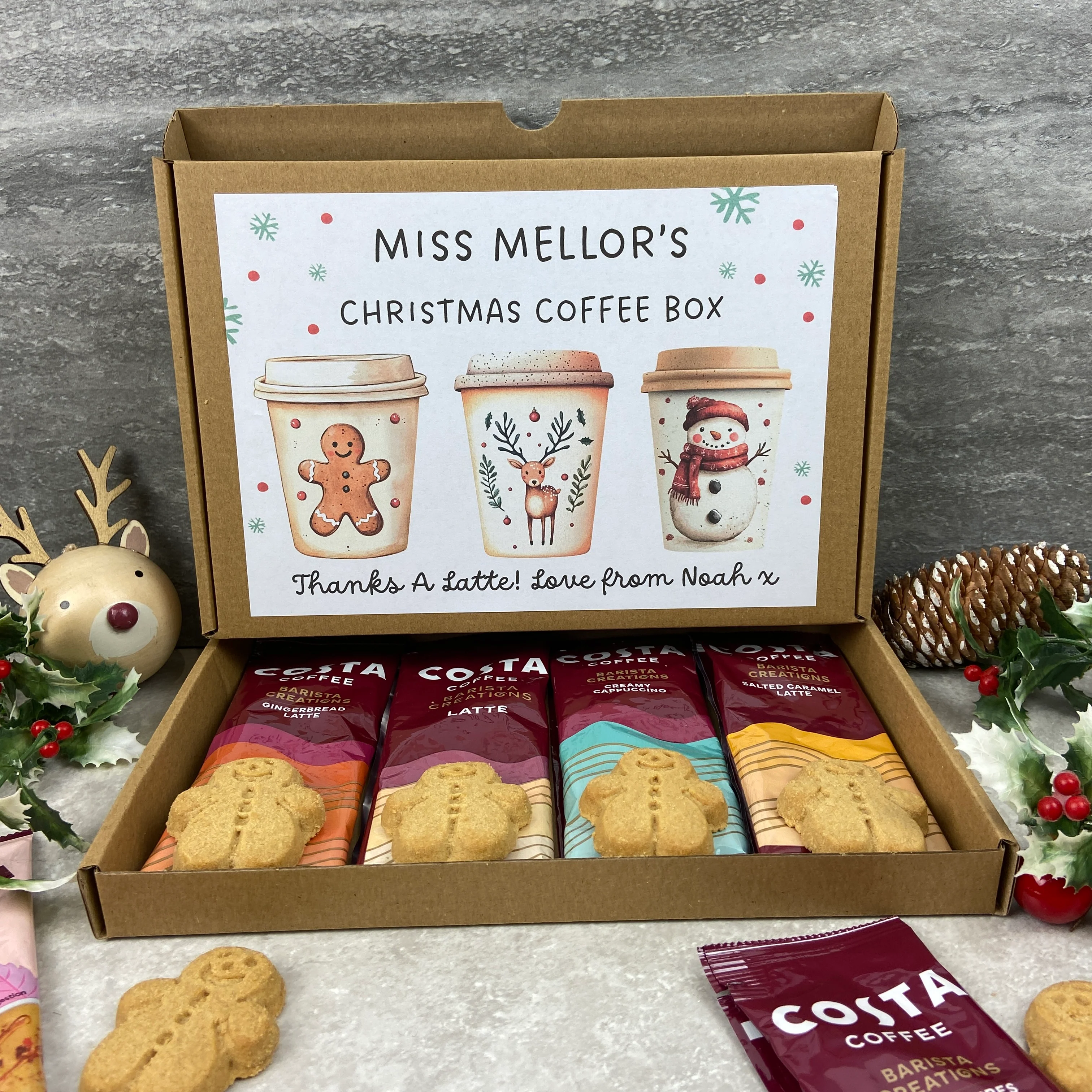 Personalised Teacher Christmas Coffee Gift Box – Costa Coffee Sachets & Gingerbread Biscuits - Image 5
