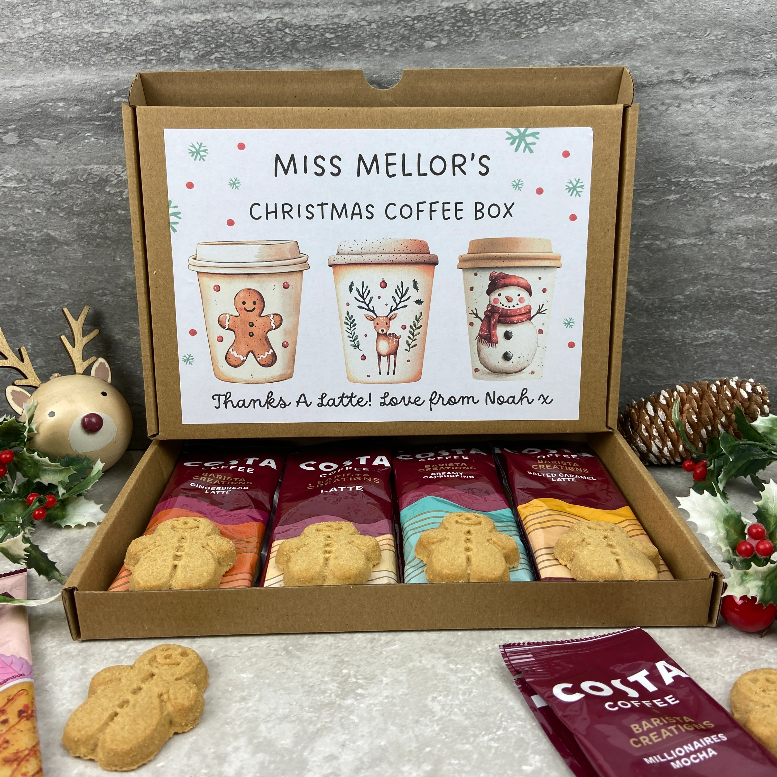 Personalised Teacher Christmas Coffee Gift Box – Costa Coffee Sachets & Gingerbread Biscuits - Image 7