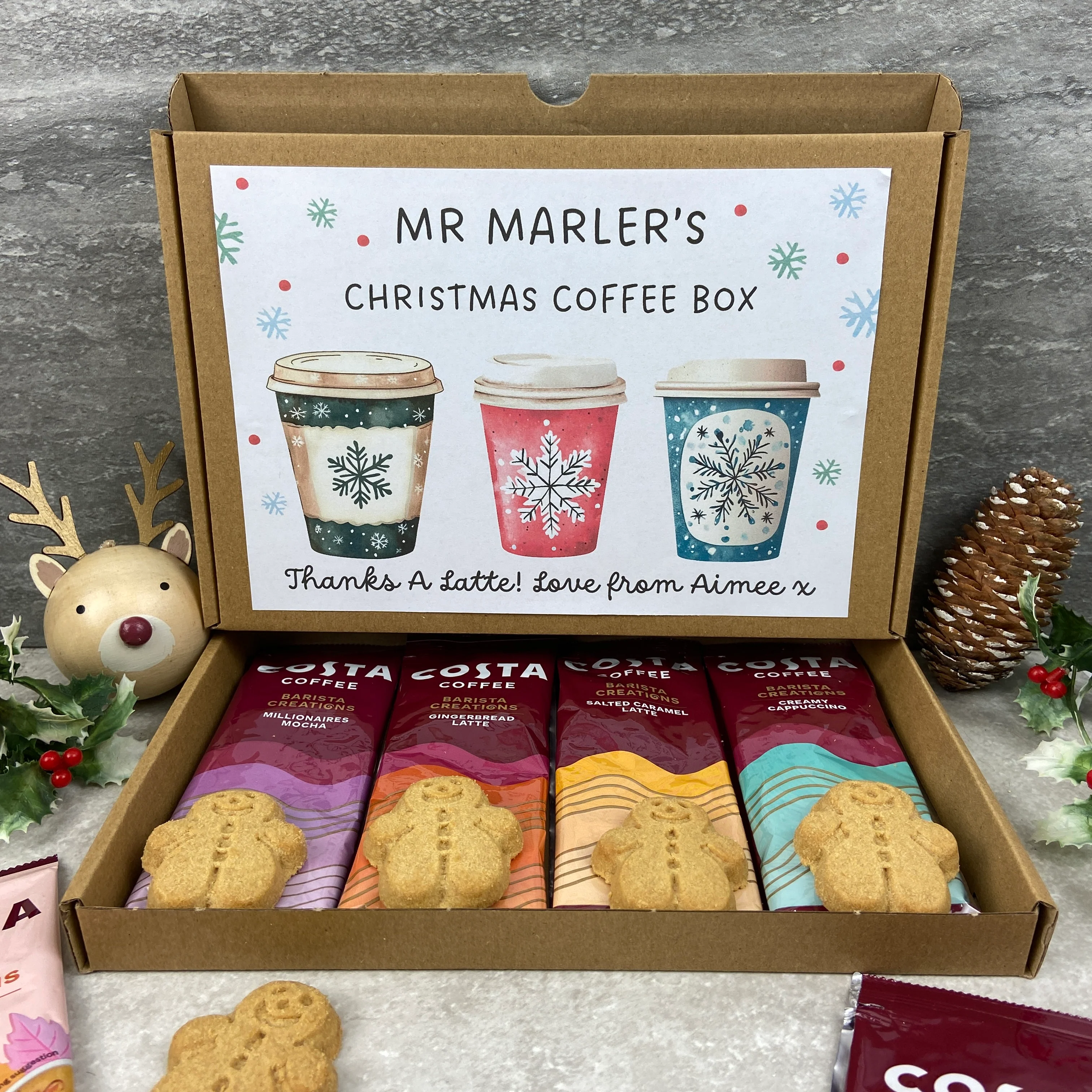 Personalised Teacher Christmas Coffee Letterbox Gift – Costa Coffee Sachets & Gingerbread Biscuits