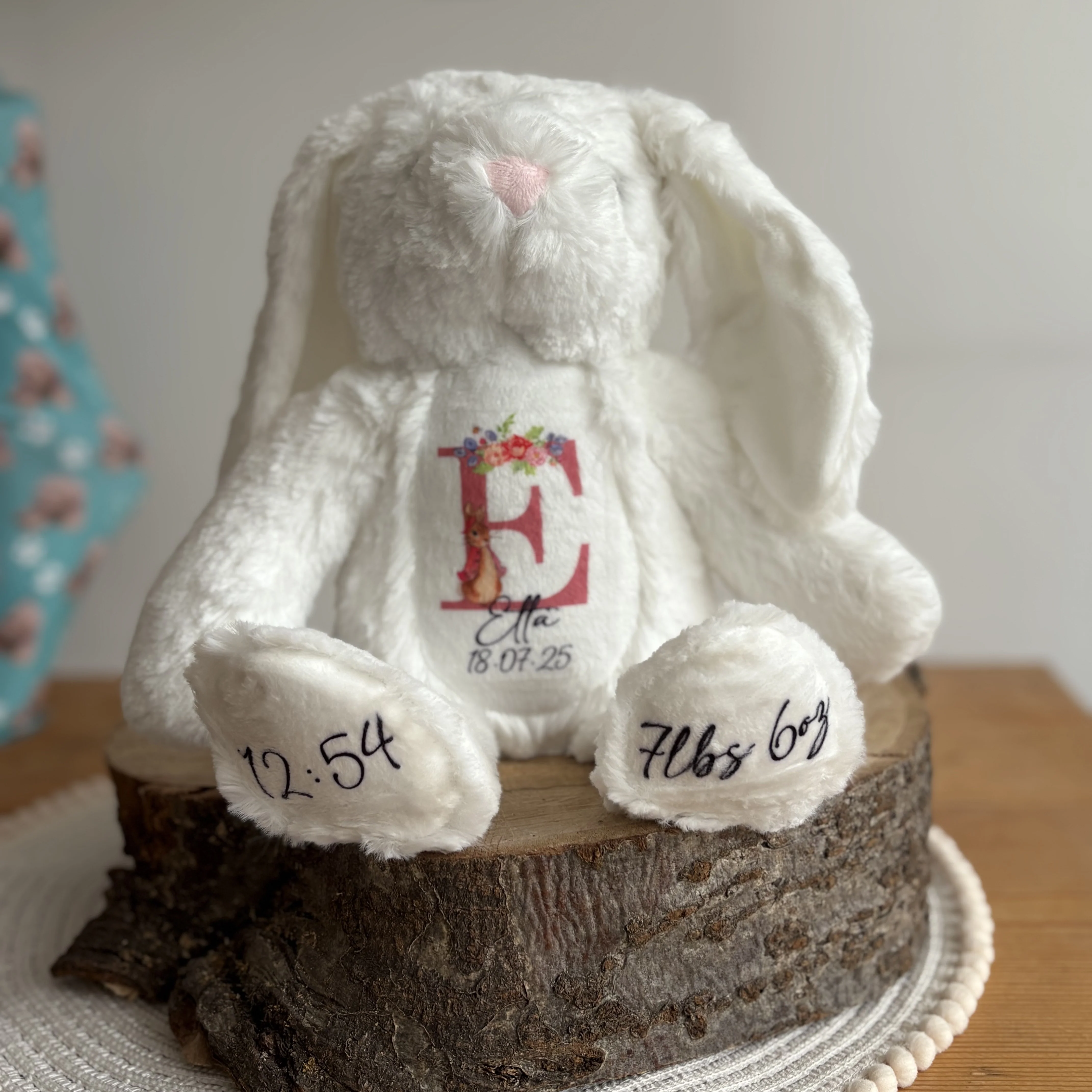 Personalised Teddy Bear Keepsake | New Baby Gift | Birth Detail Plush | Custom Baby Shower Present | Bunny - Image 5