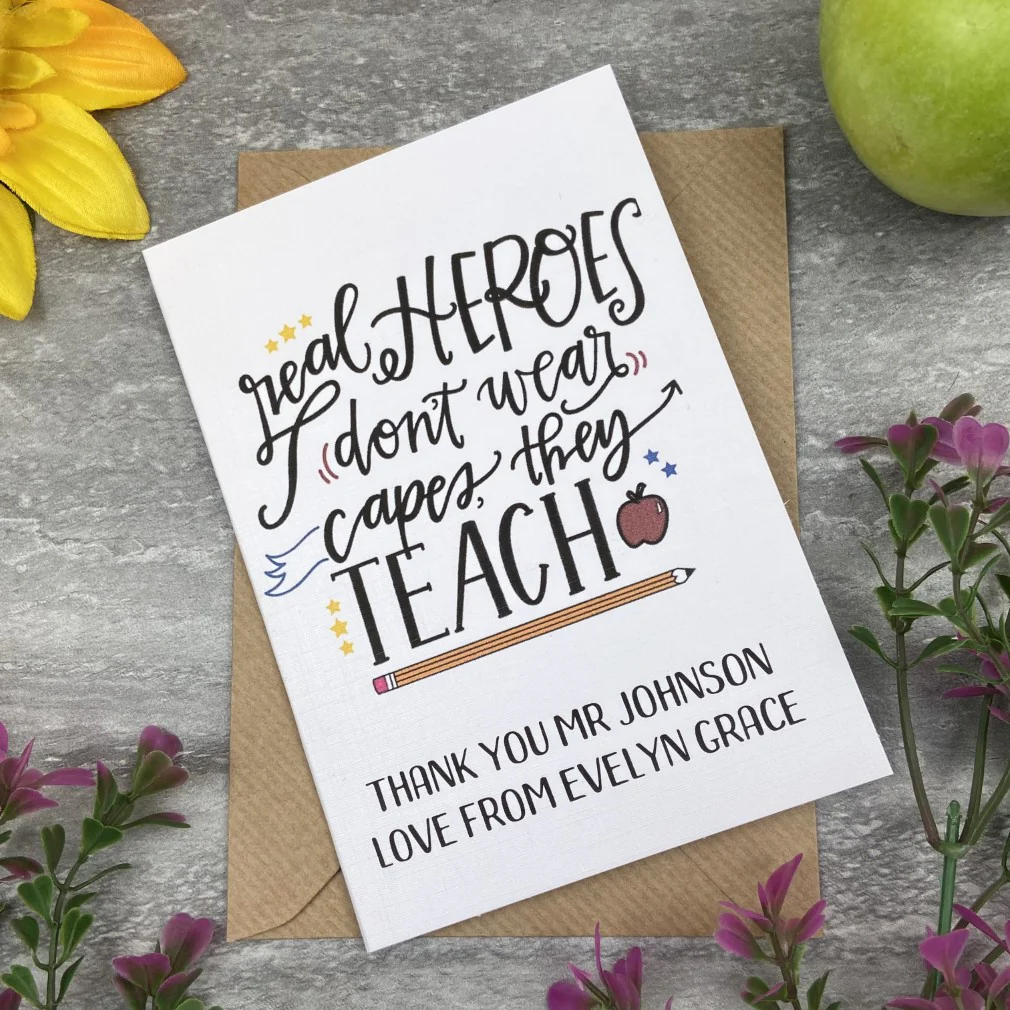 Personalised 'Real Hero's Don't Wear Capes, They Teach' Thank You Card - Image 2